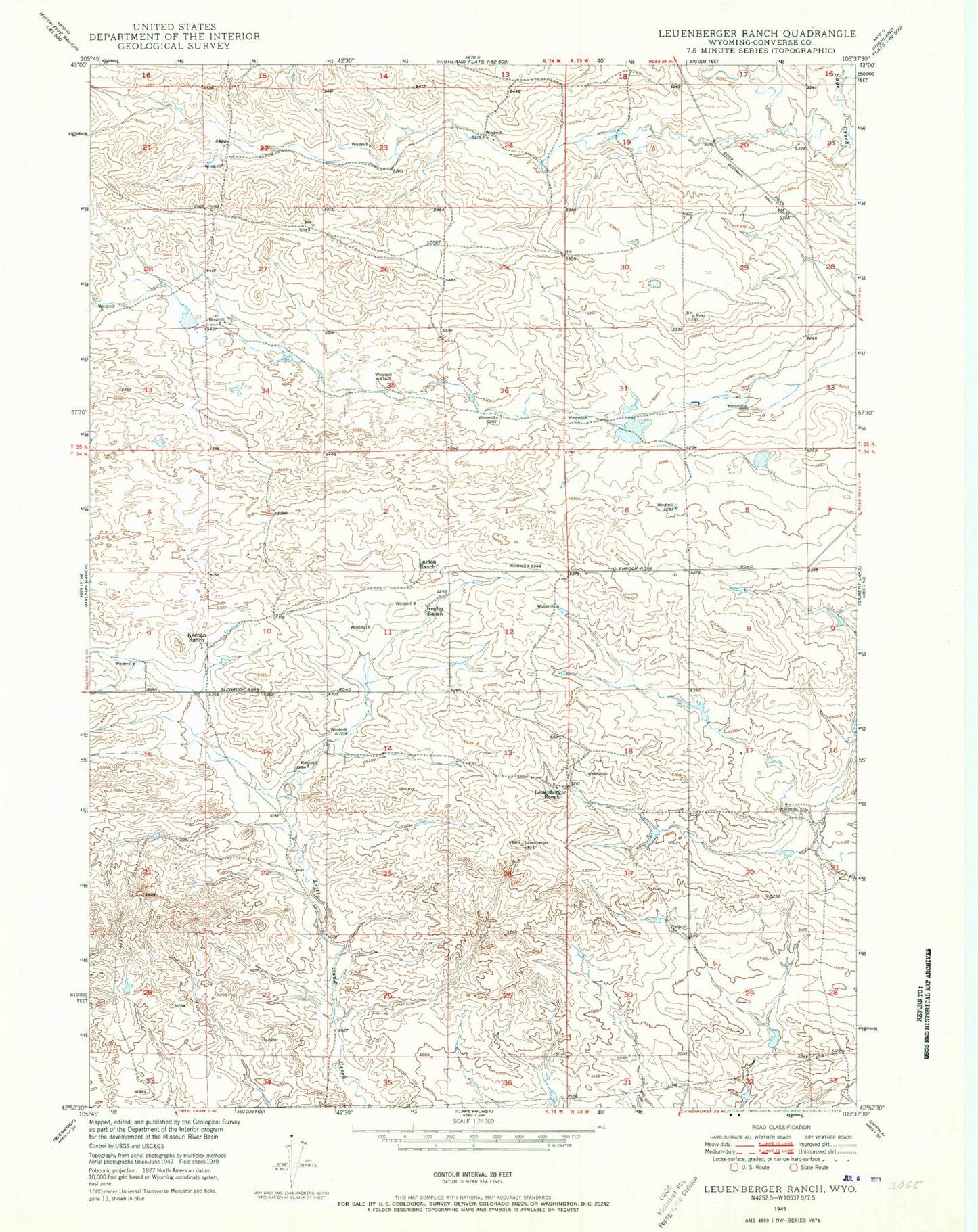 Classic USGS Leuenberger Ranch Wyoming 7.5'x7.5' Topo Map Image