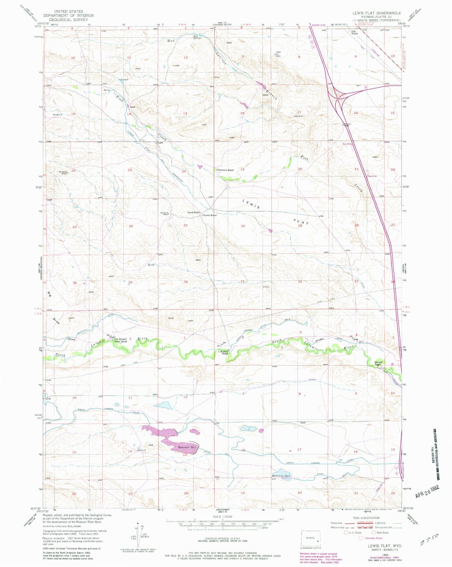 Classic USGS Lewis Flat Wyoming 7.5'x7.5' Topo Map Image