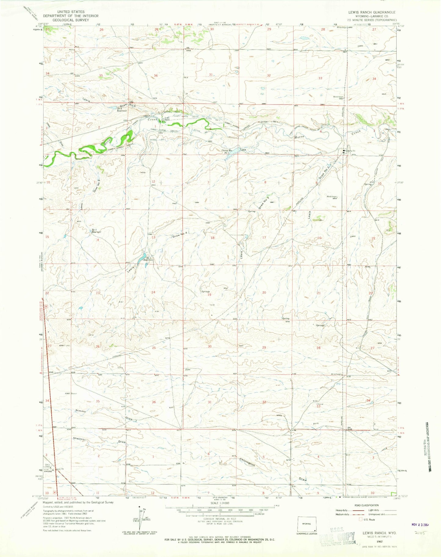 Classic USGS Lewis Ranch Wyoming 7.5'x7.5' Topo Map Image
