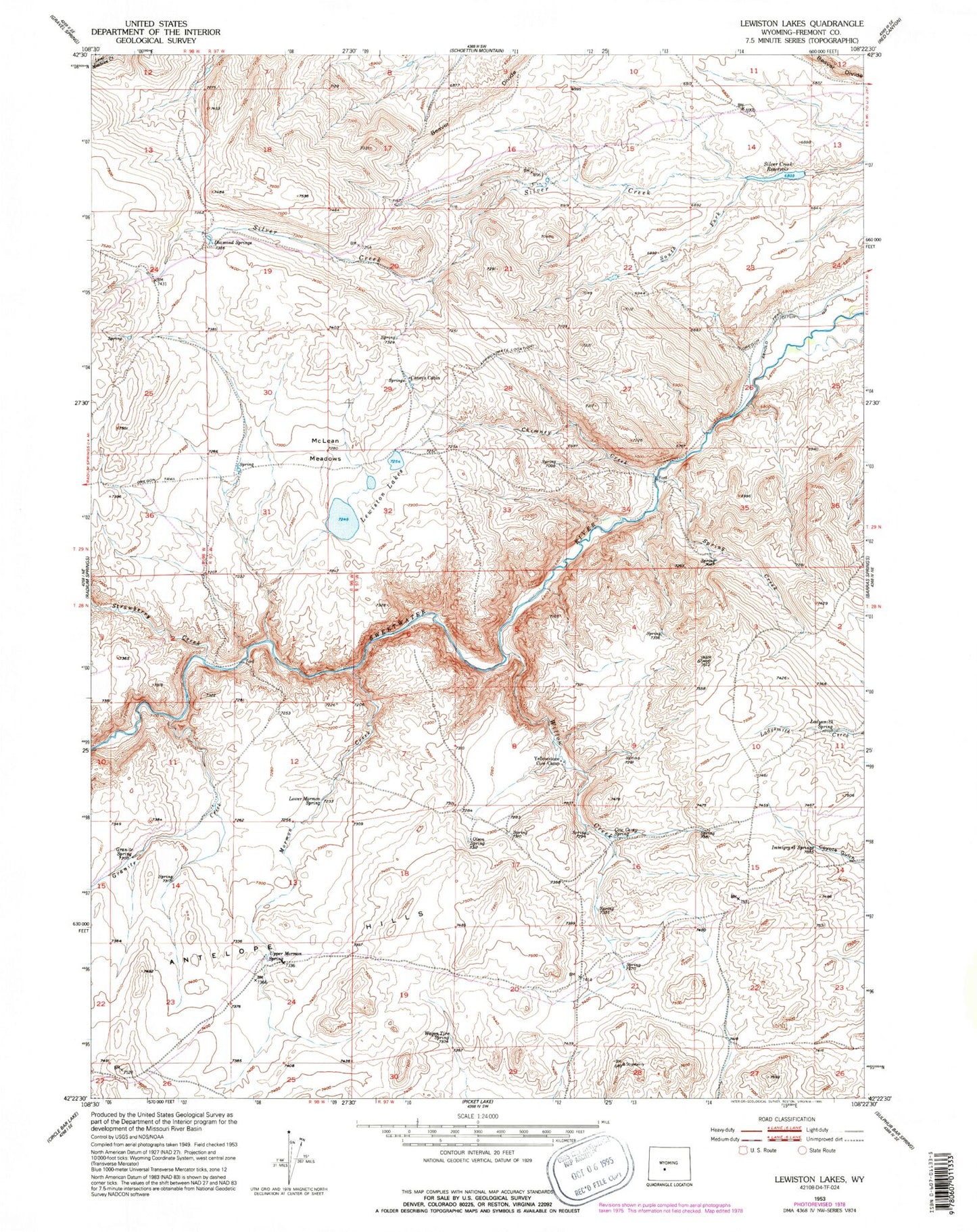 Classic USGS Lewiston Lakes Wyoming 7.5'x7.5' Topo Map Image