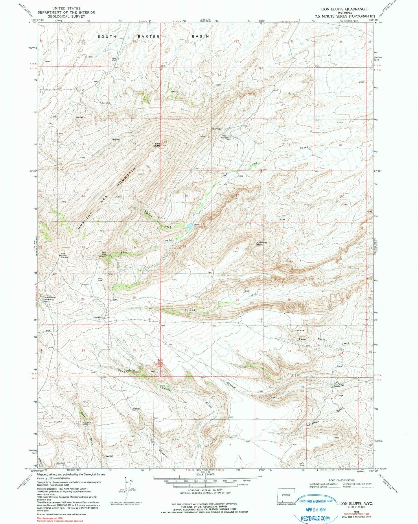 Classic USGS Lion Bluffs Wyoming 7.5'x7.5' Topo Map Image