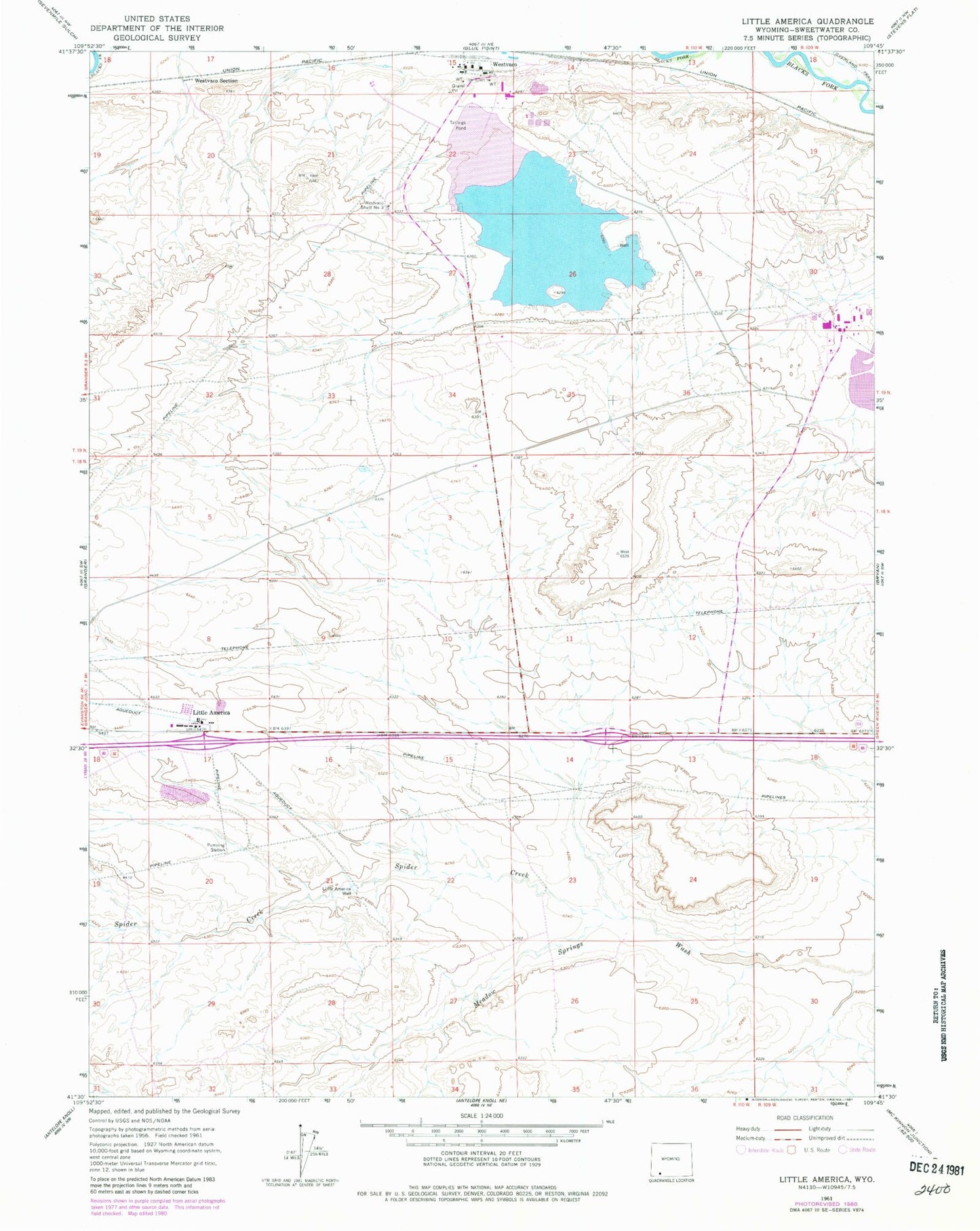 Classic USGS Little America Wyoming 7.5'x7.5' Topo Map Image