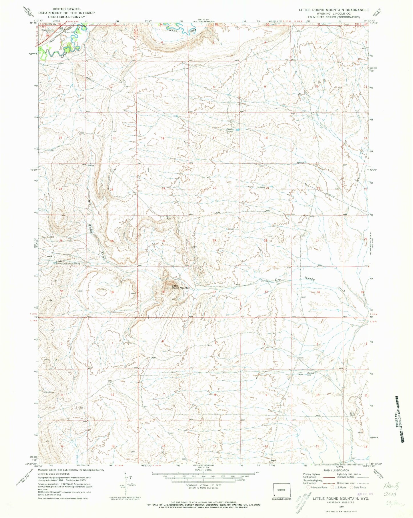 Classic USGS Little Round Mountain Wyoming 7.5'x7.5' Topo Map Image