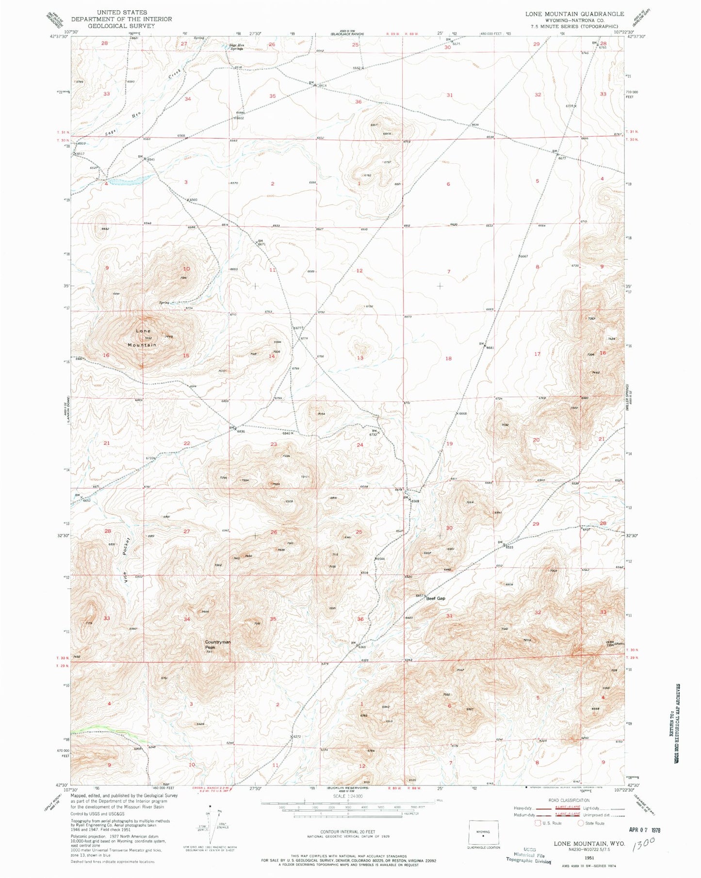 Classic USGS Lone Mountain Wyoming 7.5'x7.5' Topo Map Image