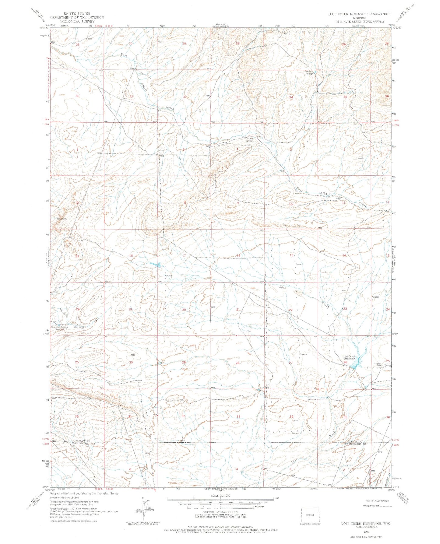 Classic USGS Lost Creek Reservoir Wyoming 7.5'x7.5' Topo Map Image