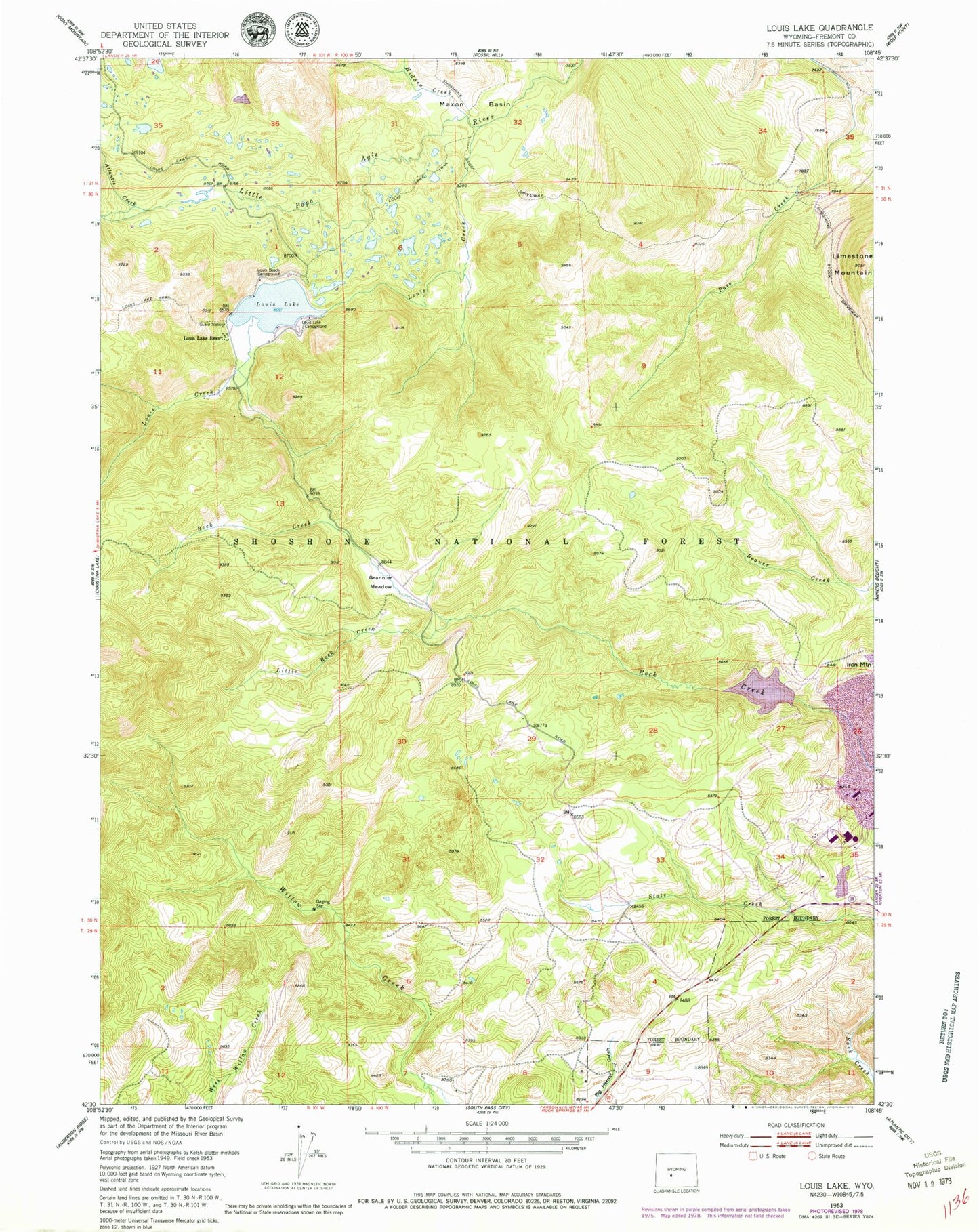 Classic USGS Louis Lake Wyoming 7.5'x7.5' Topo Map Image
