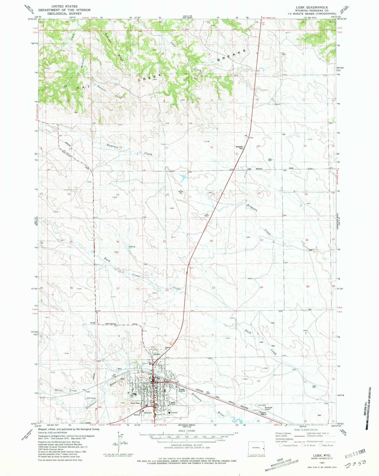 Classic USGS Lusk Wyoming 7.5'x7.5' Topo Map Image