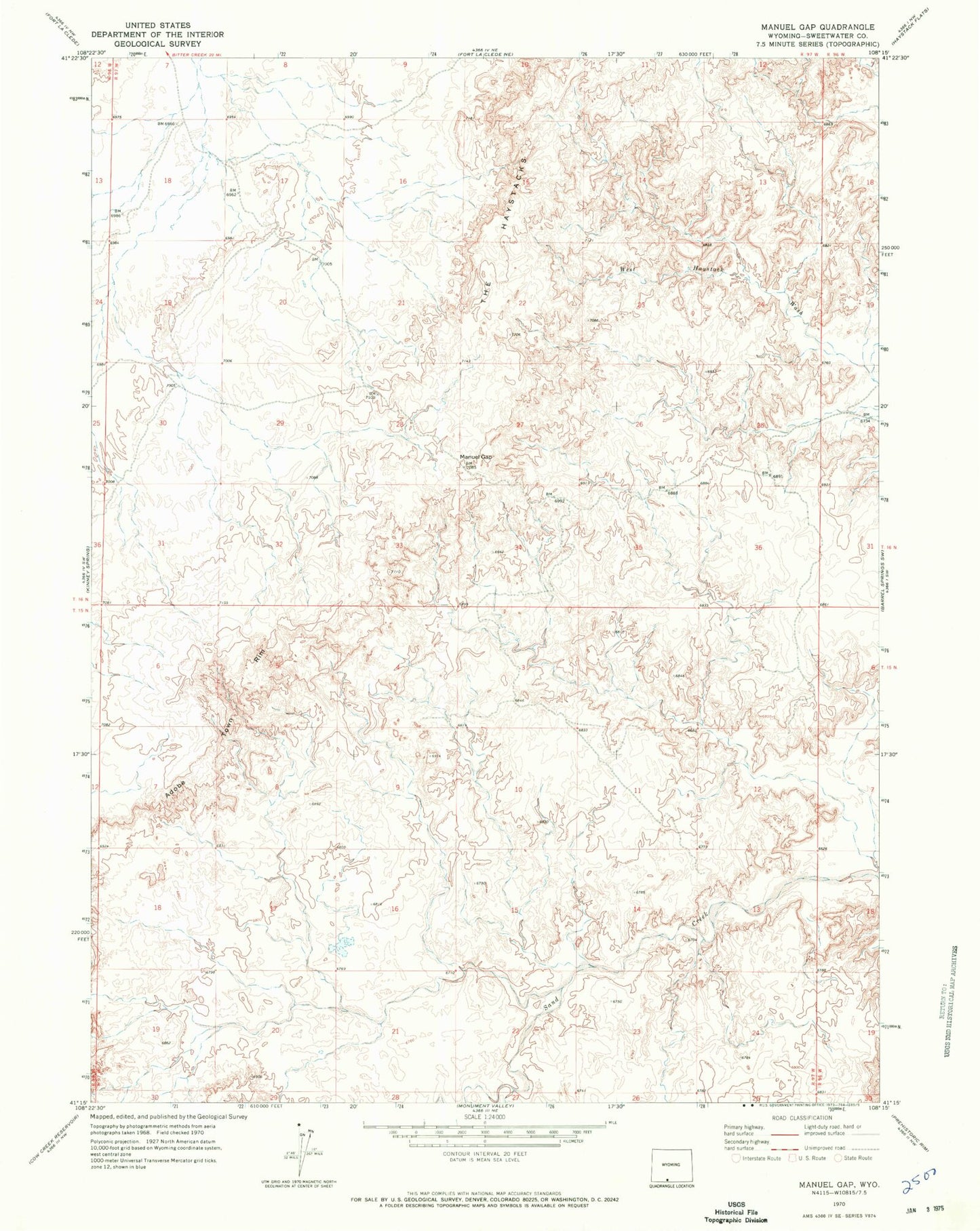 Classic USGS Manuel Gap Wyoming 7.5'x7.5' Topo Map Image