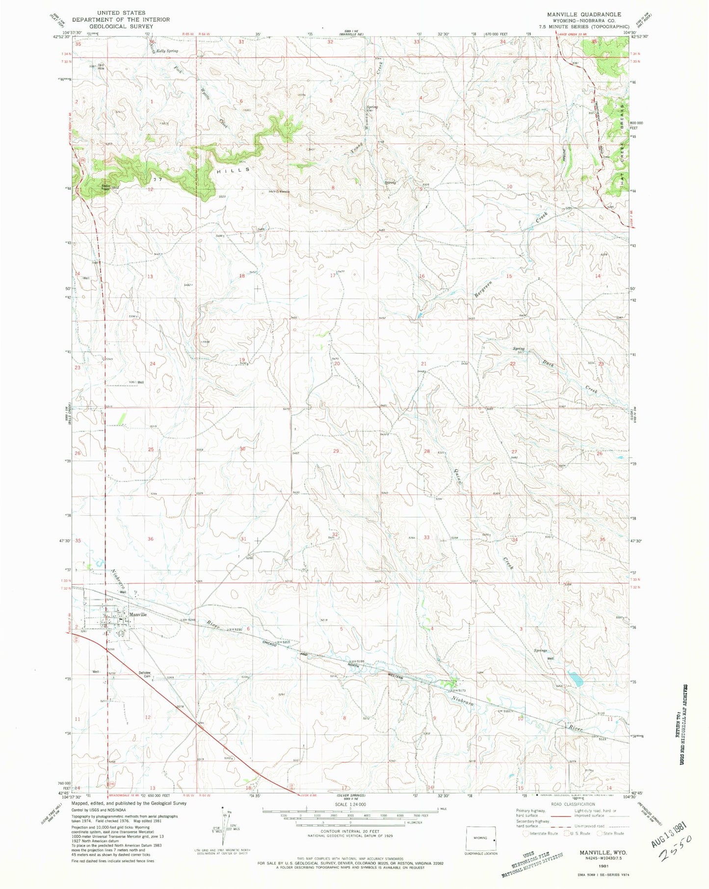 Classic USGS Manville Wyoming 7.5'x7.5' Topo Map Image