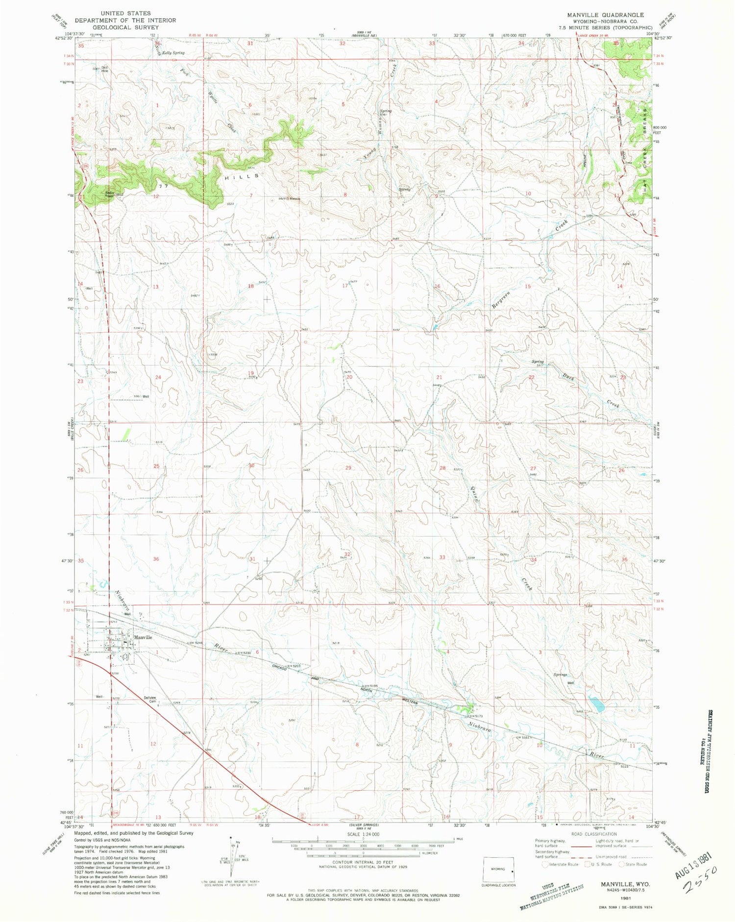 Classic USGS Manville Wyoming 7.5'x7.5' Topo Map Image
