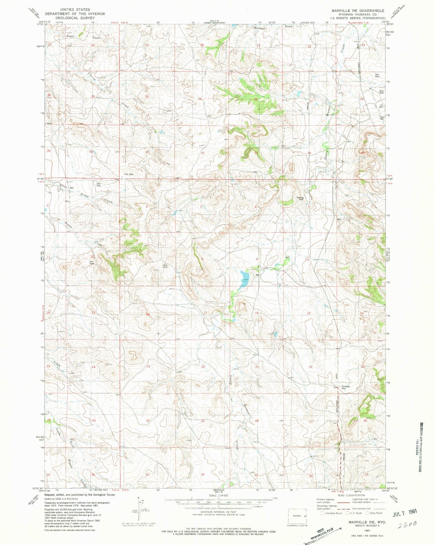 Classic USGS Manville NE Wyoming 7.5'x7.5' Topo Map Image