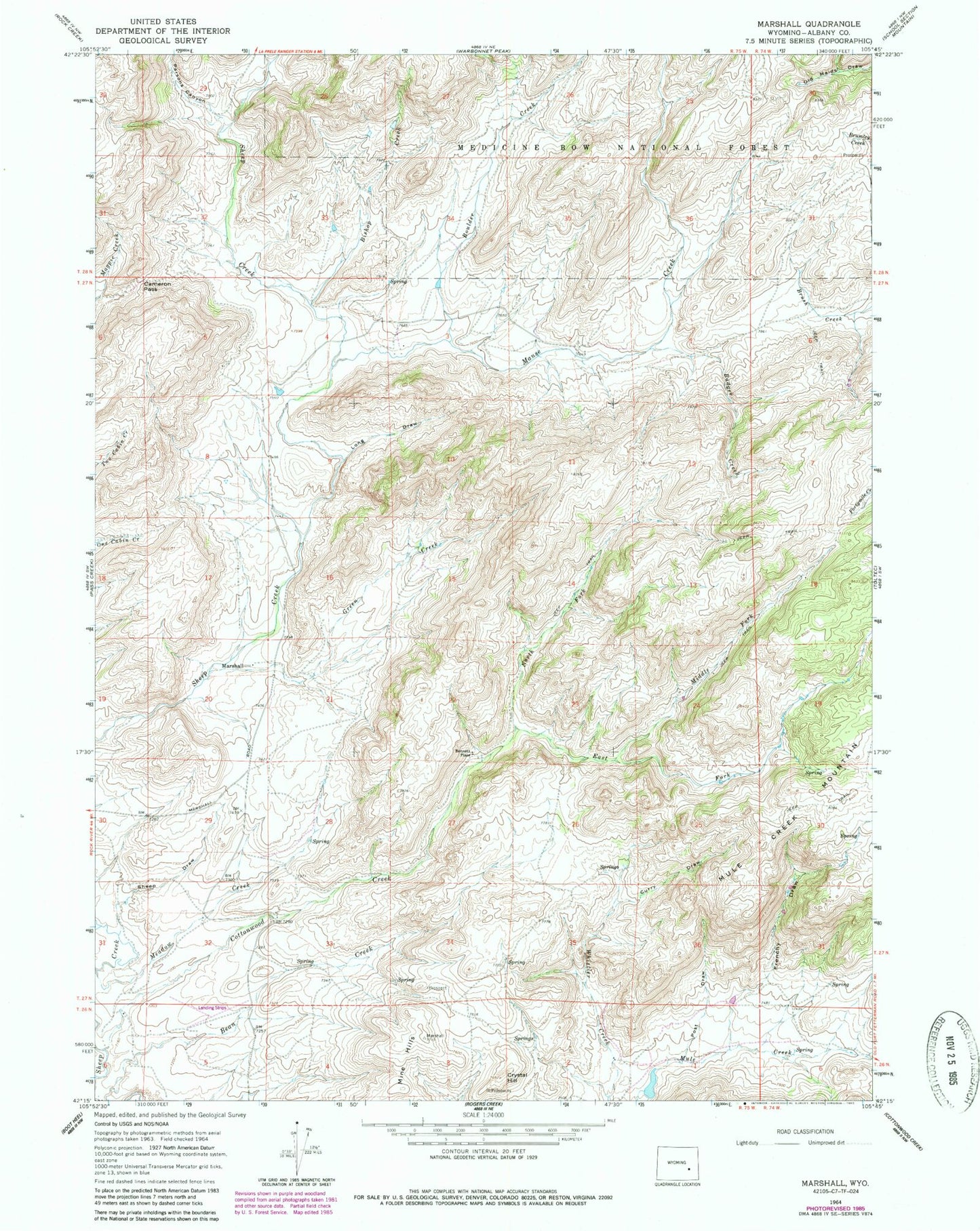 Classic USGS Marshall Wyoming 7.5'x7.5' Topo Map Image