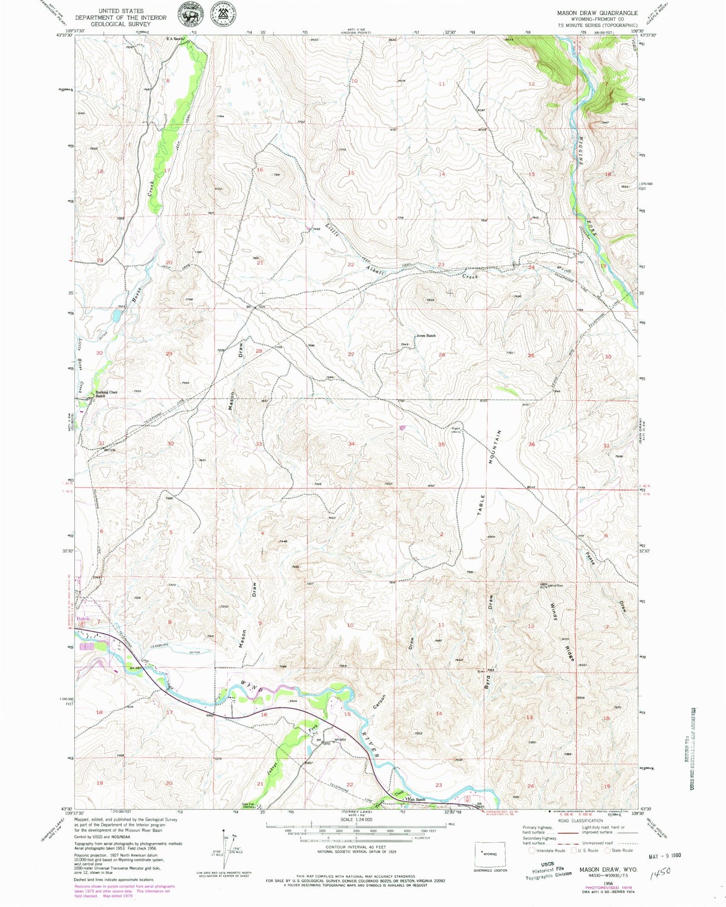 Classic USGS Mason Draw Wyoming 7.5'x7.5' Topo Map Image