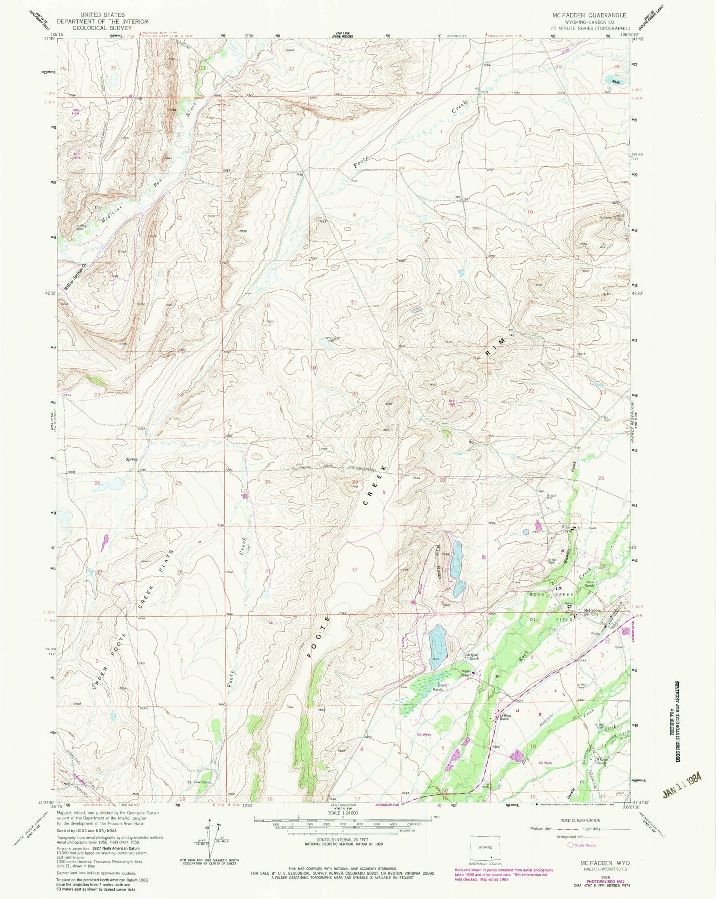 Classic USGS McFadden Wyoming 7.5'x7.5' Topo Map Image