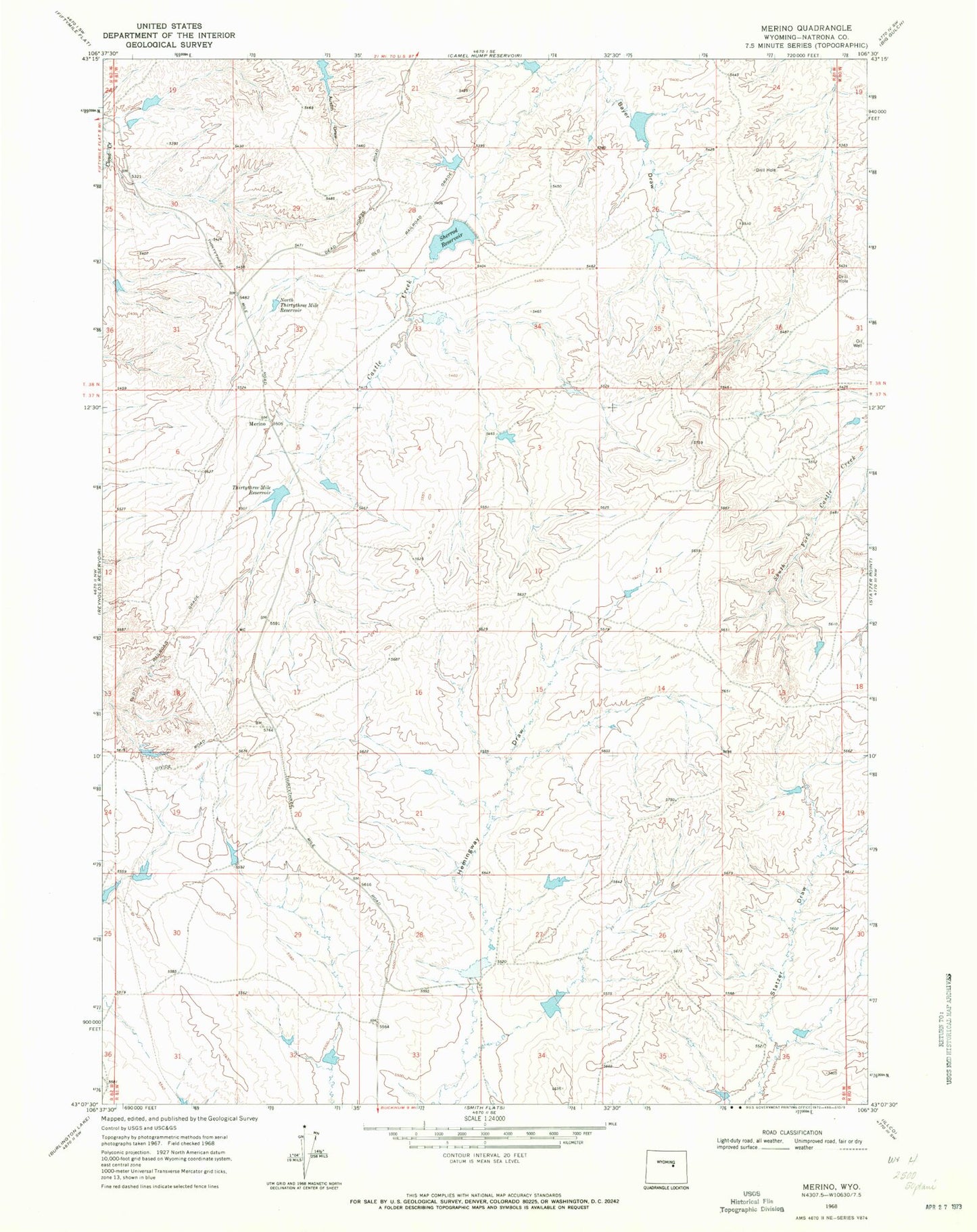 Classic USGS Merino Wyoming 7.5'x7.5' Topo Map Image