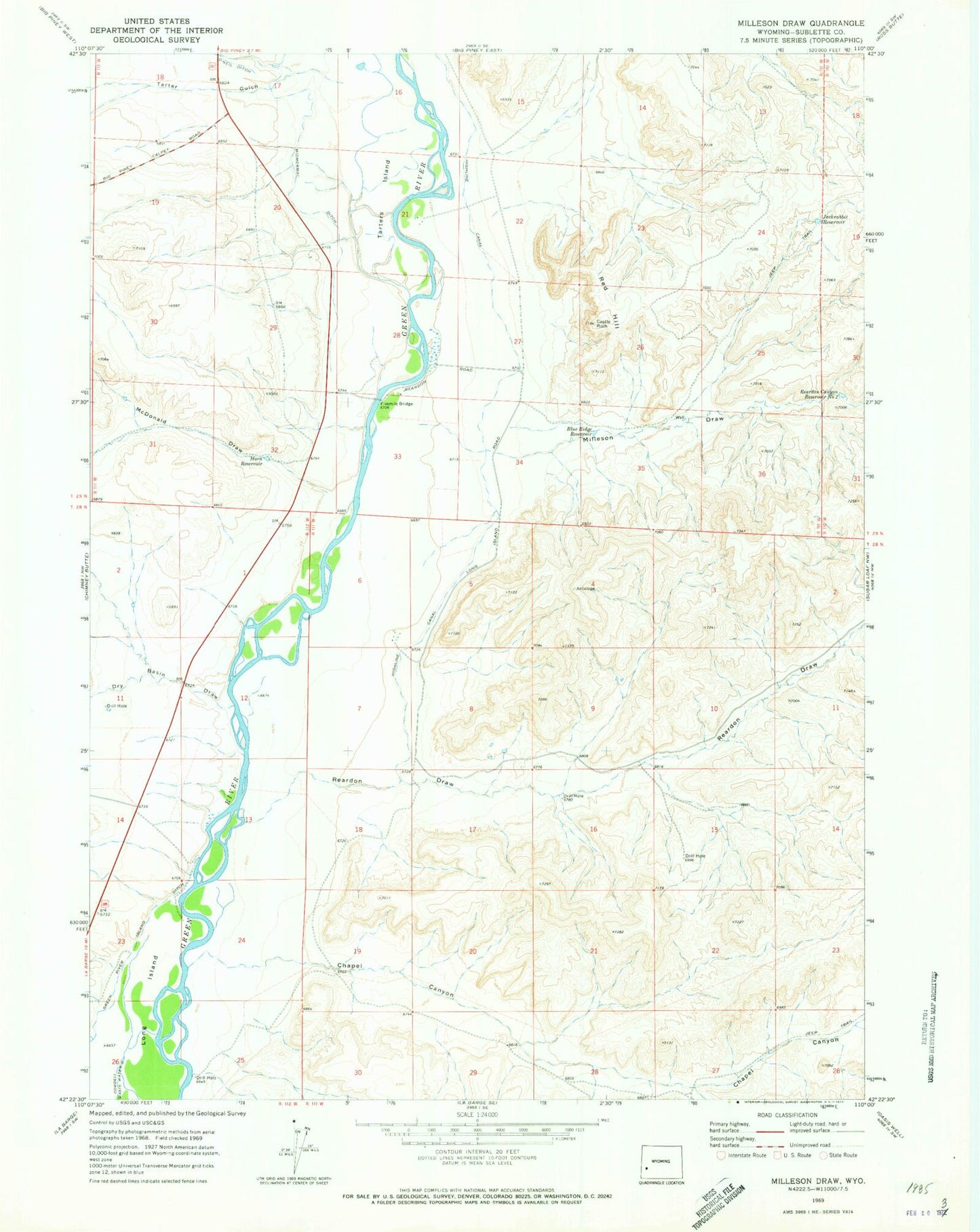 Classic USGS Milleson Draw Wyoming 7.5'x7.5' Topo Map Image