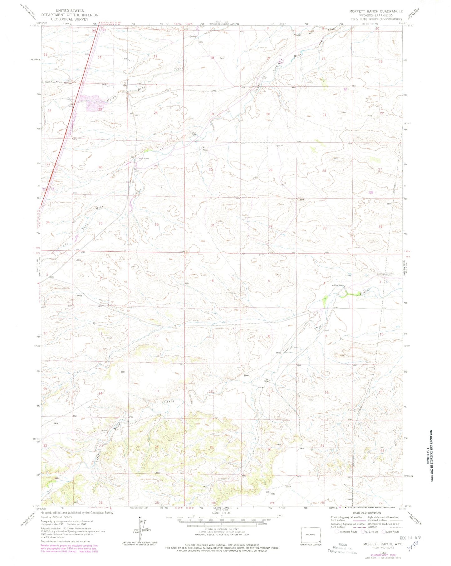 Classic USGS Moffett Ranch Wyoming 7.5'x7.5' Topo Map Image