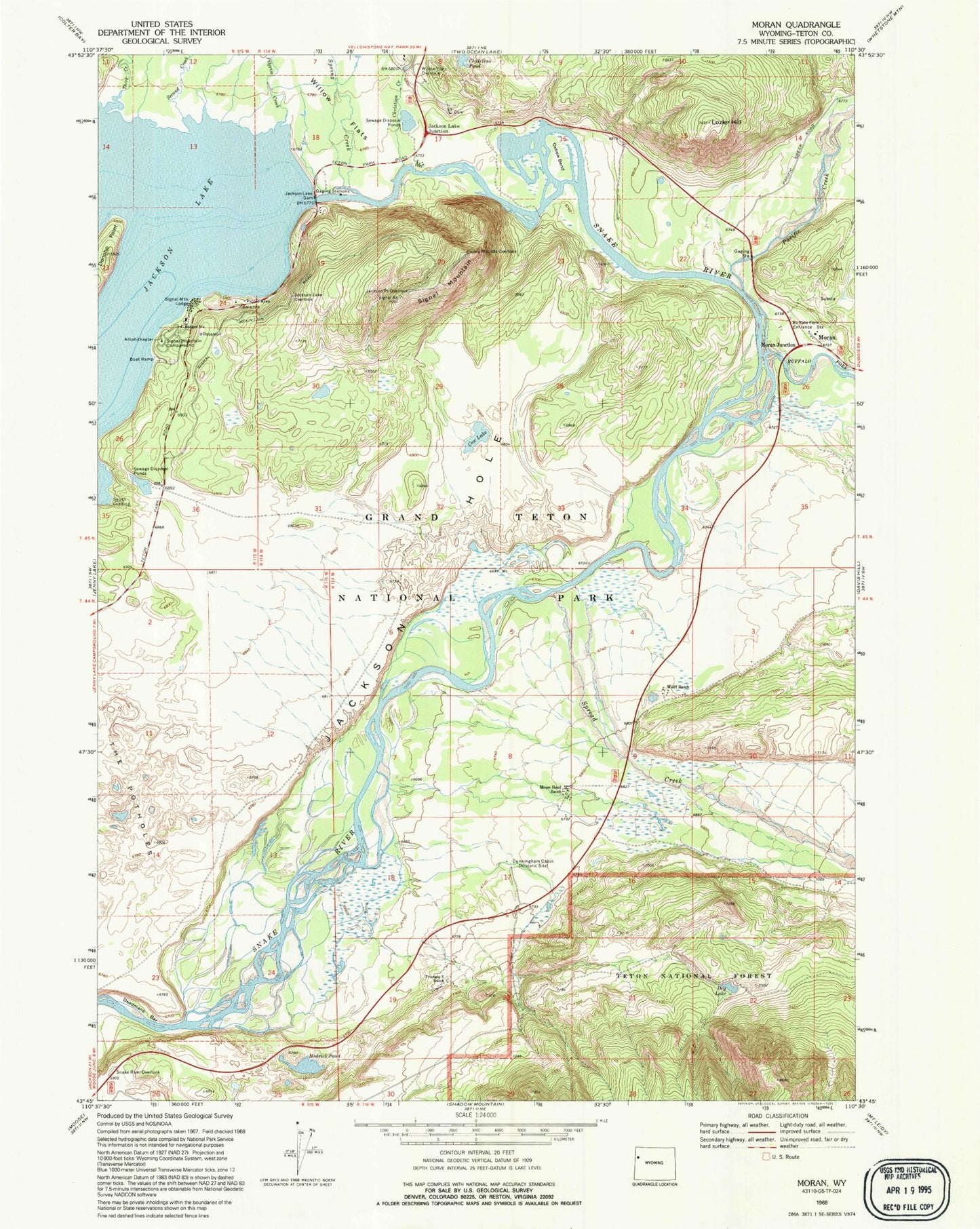Classic USGS Moran Wyoming 7.5'x7.5' Topo Map Image