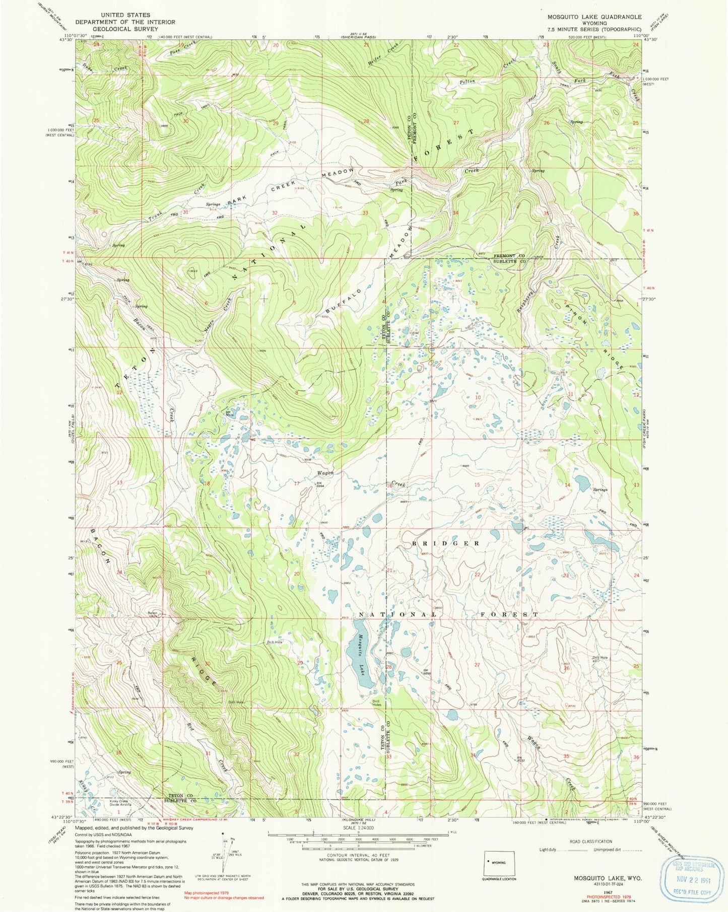 Classic USGS Mosquito Lake Wyoming 7.5'x7.5' Topo Map Image