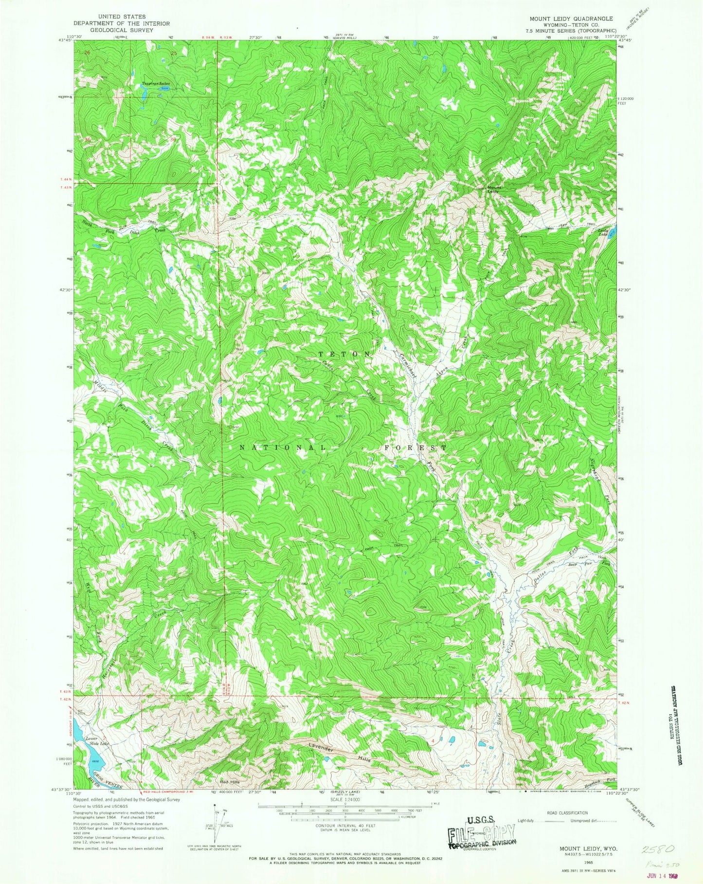 Classic USGS Mount Leidy Wyoming 7.5'x7.5' Topo Map Image