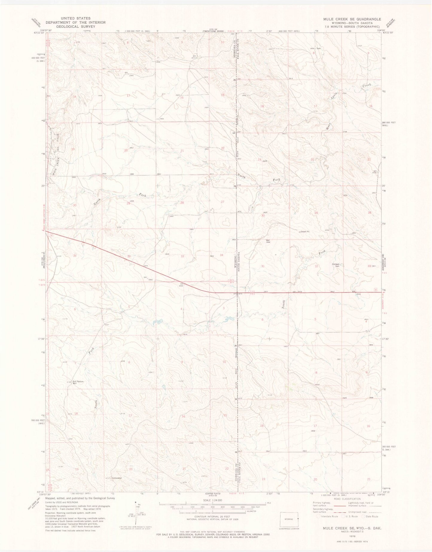 Classic USGS Mule Creek SE Wyoming 7.5'x7.5' Topo Map Image