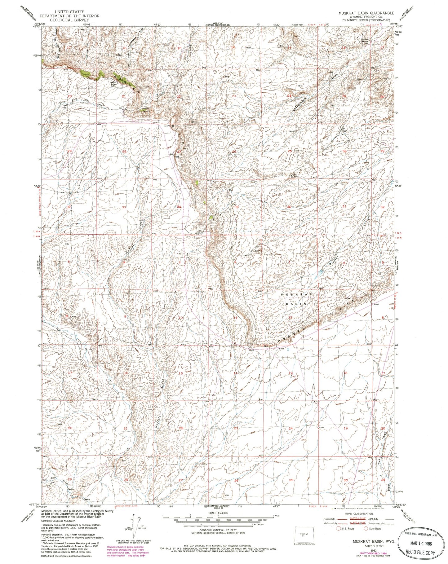 Classic USGS Muskrat Basin Wyoming 7.5'x7.5' Topo Map Image