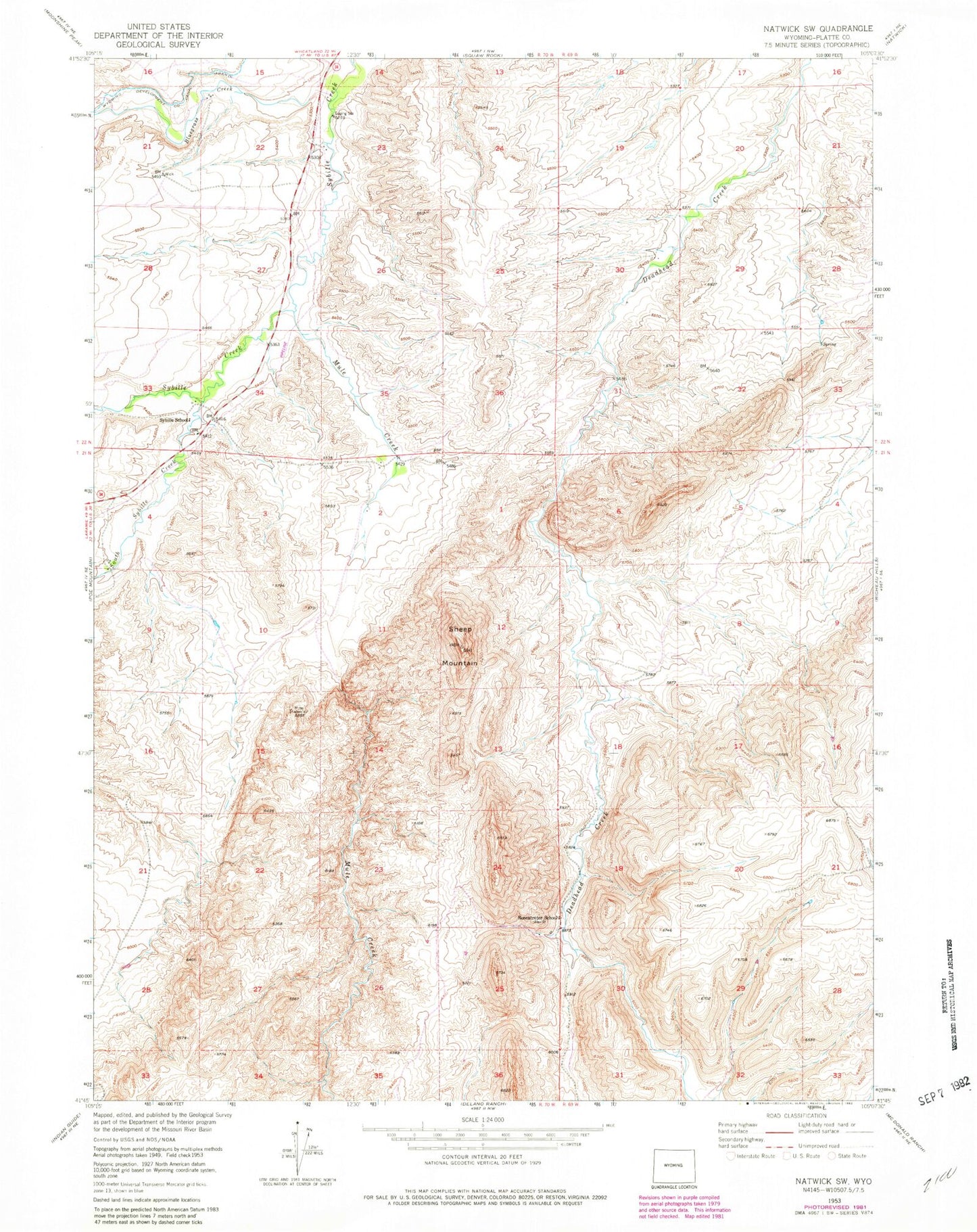 Classic USGS Natwick SW Wyoming 7.5'x7.5' Topo Map Image