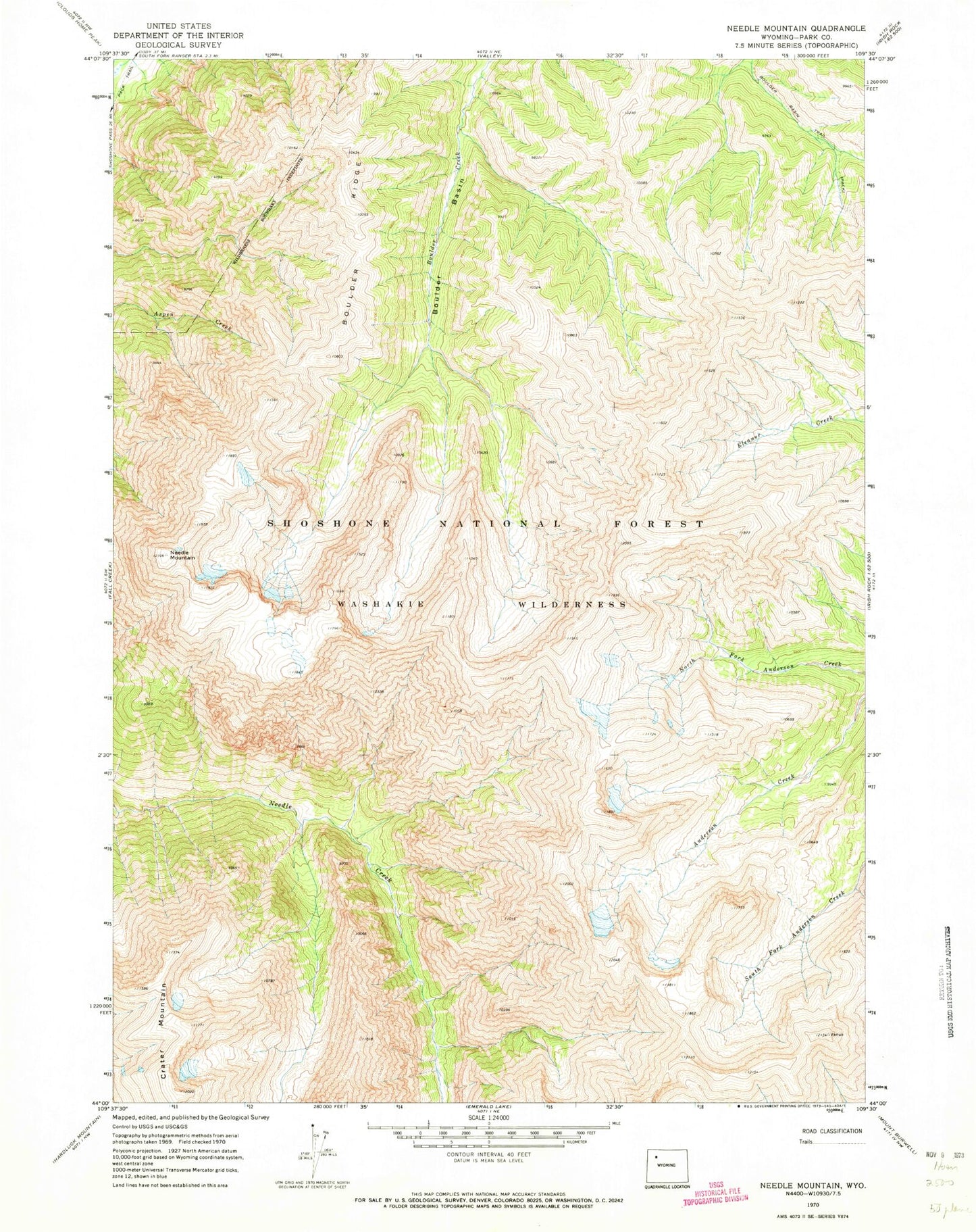 Classic USGS Needle Mountain Wyoming 7.5'x7.5' Topo Map Image