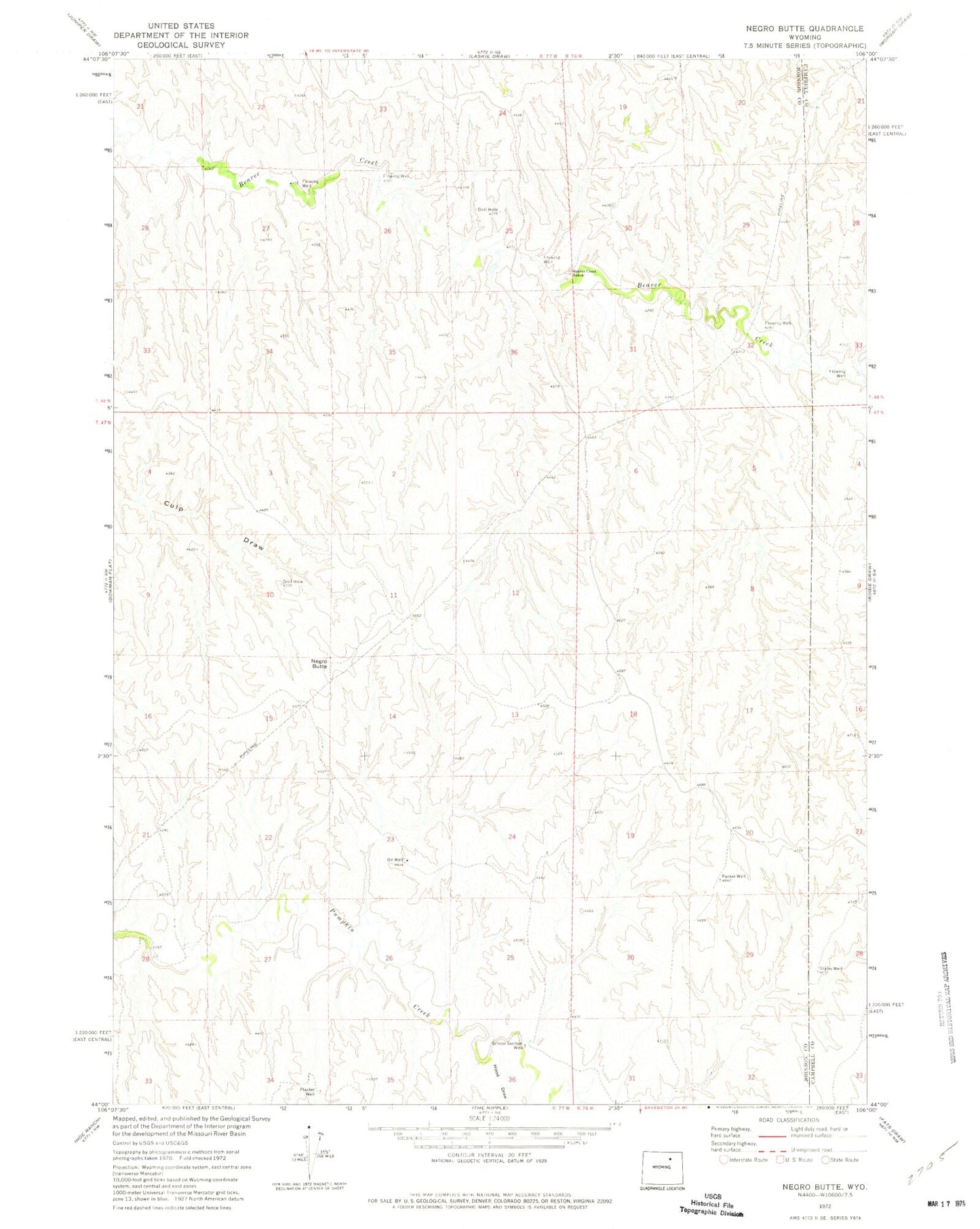 Classic USGS Negro Butte Wyoming 7.5'x7.5' Topo Map Image