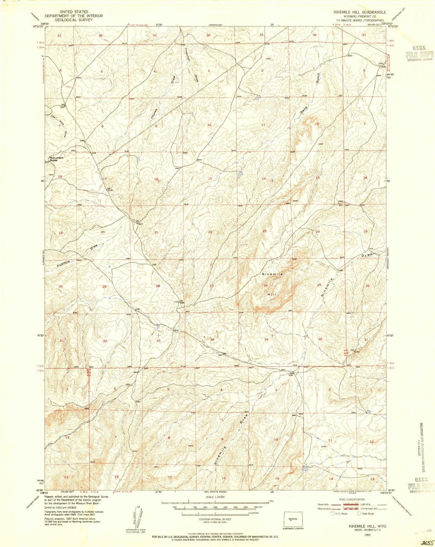 Classic USGS Ninemile Hill Wyoming 7.5'x7.5' Topo Map Image