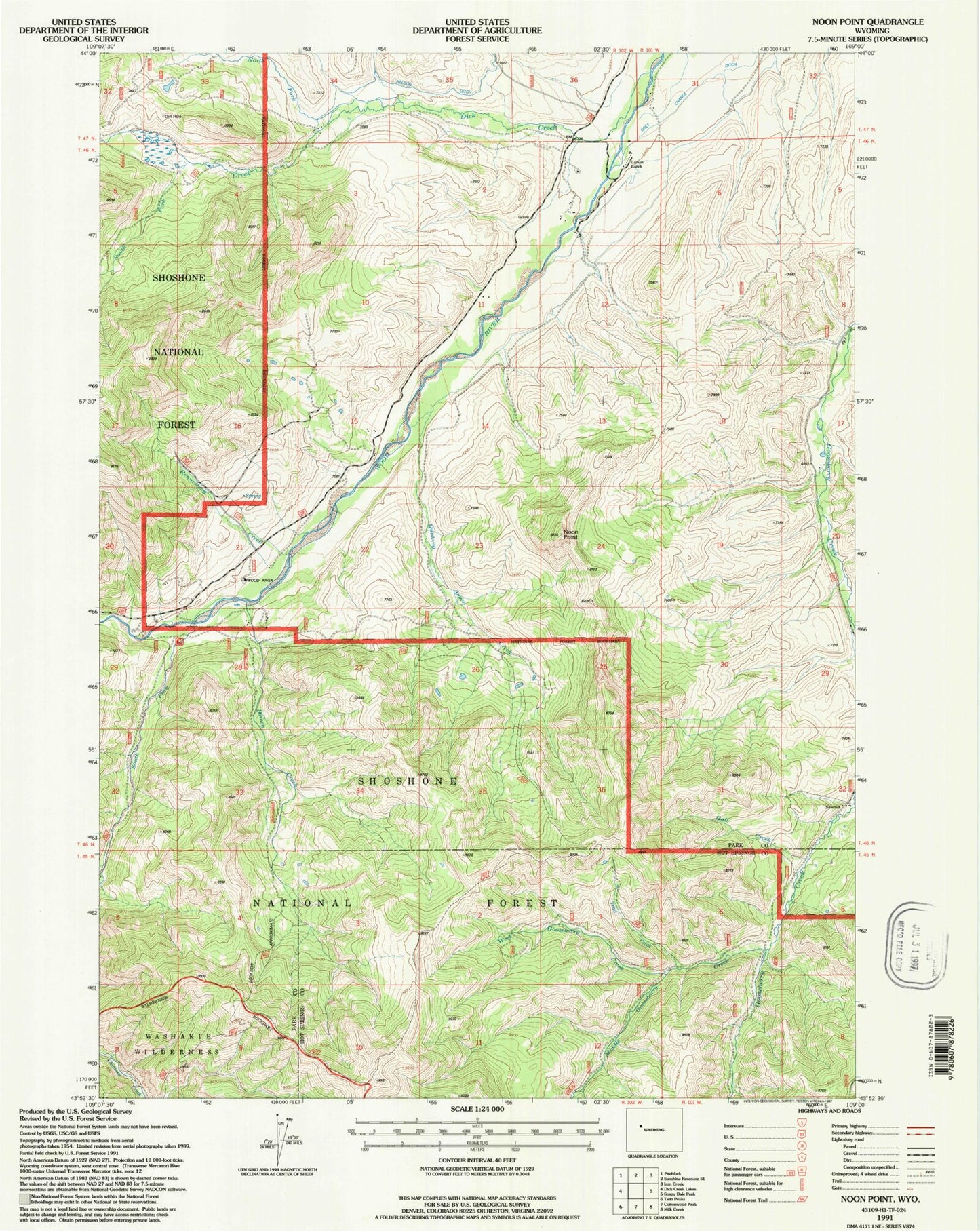 Classic USGS Noon Point Wyoming 7.5'x7.5' Topo Map Image