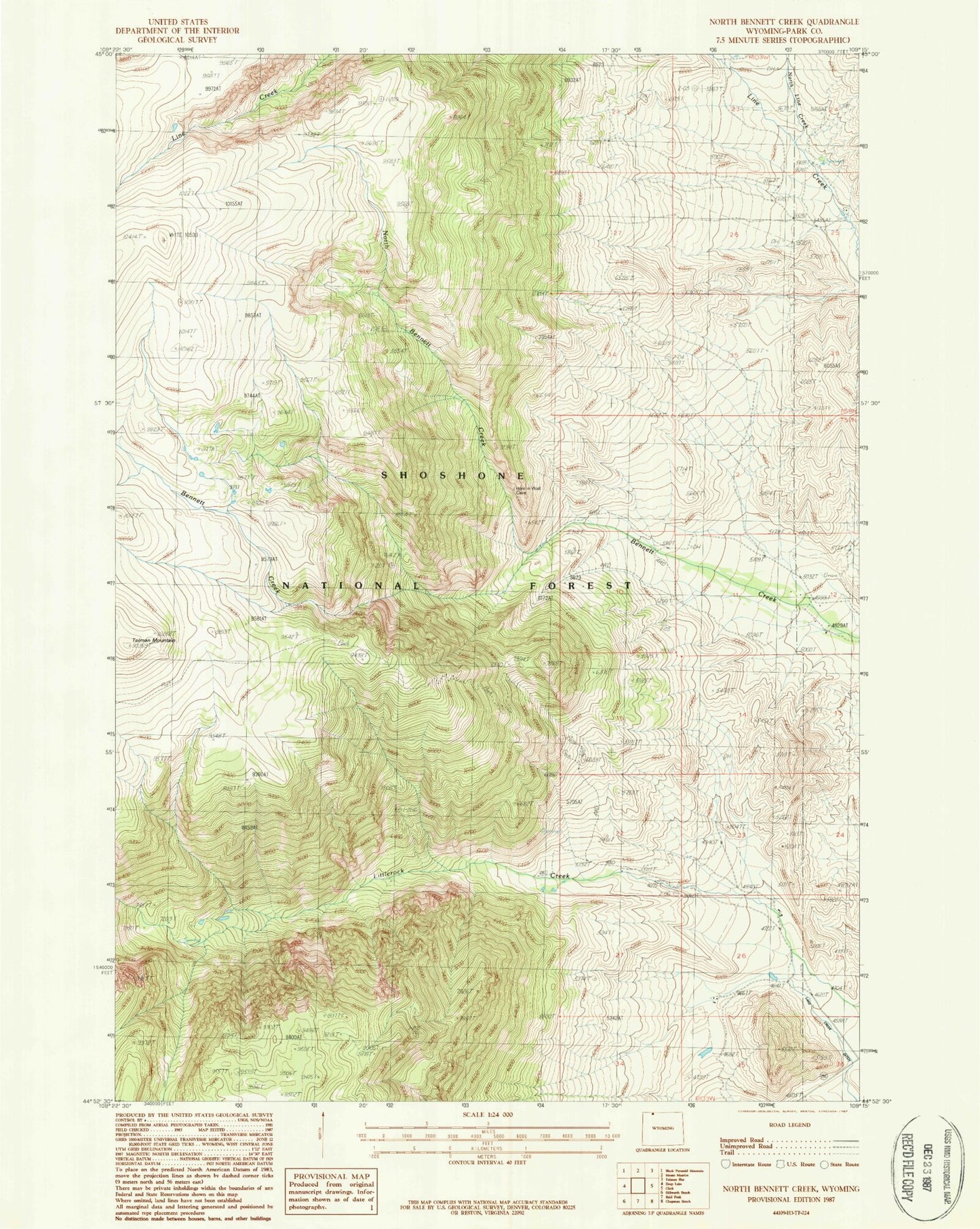 Classic USGS North Bennett Creek Wyoming 7.5'x7.5' Topo Map Image