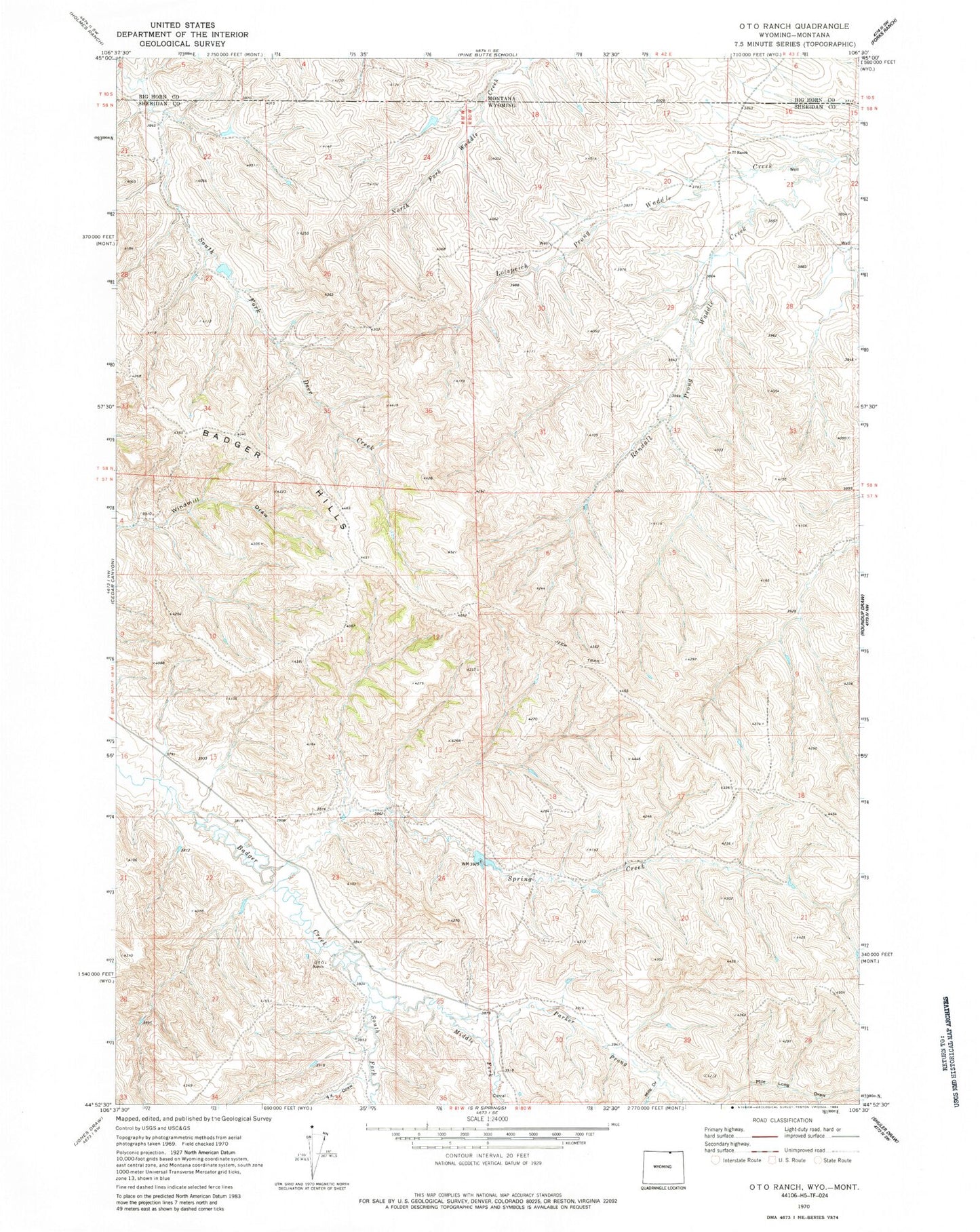 Classic USGS O T O Ranch Wyoming 7.5'x7.5' Topo Map Image