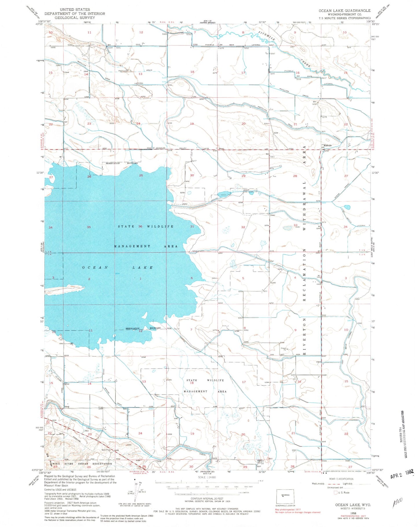 Classic USGS Ocean Lake Wyoming 7.5'x7.5' Topo Map Image