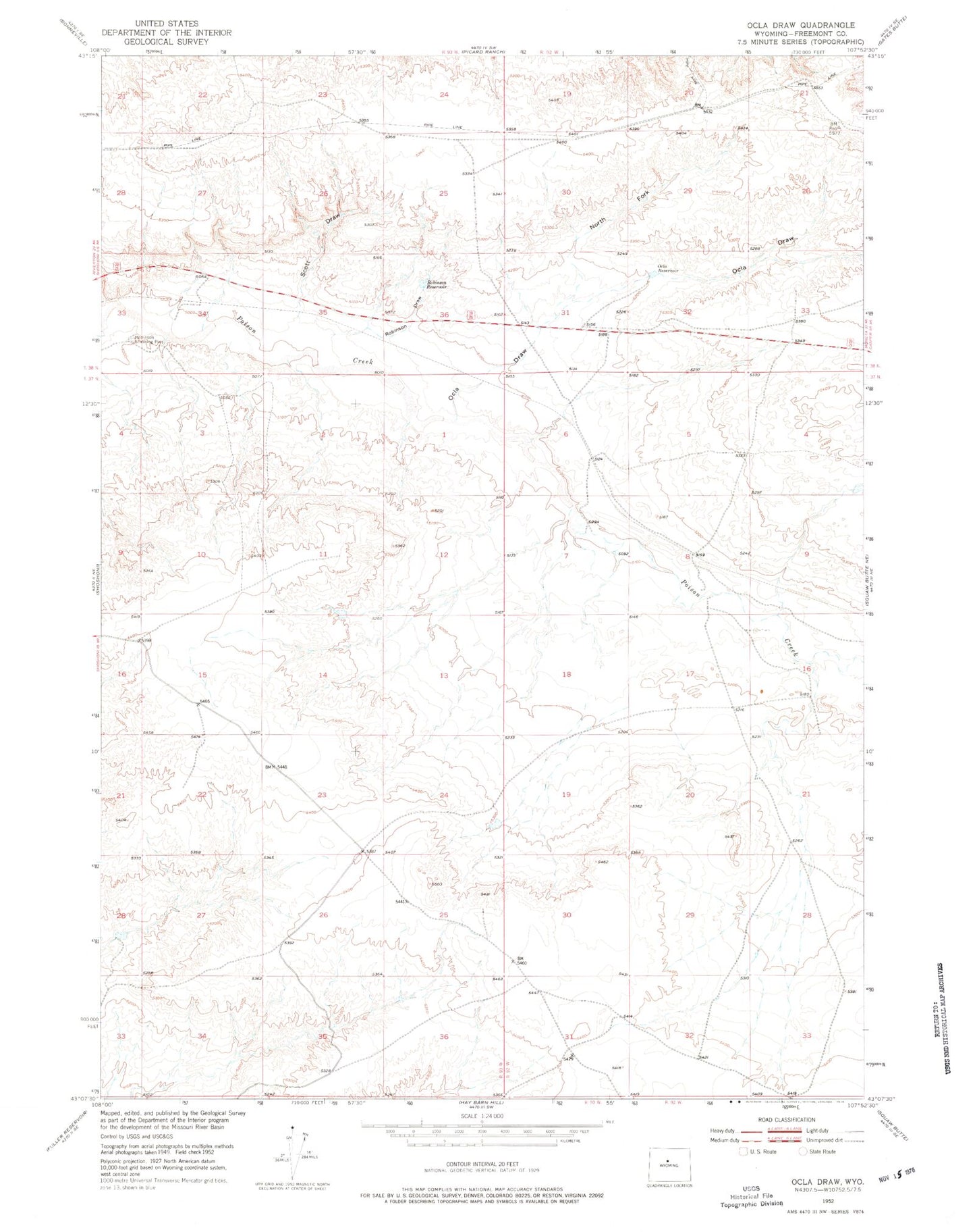 Classic USGS Ocla Draw Wyoming 7.5'x7.5' Topo Map Image