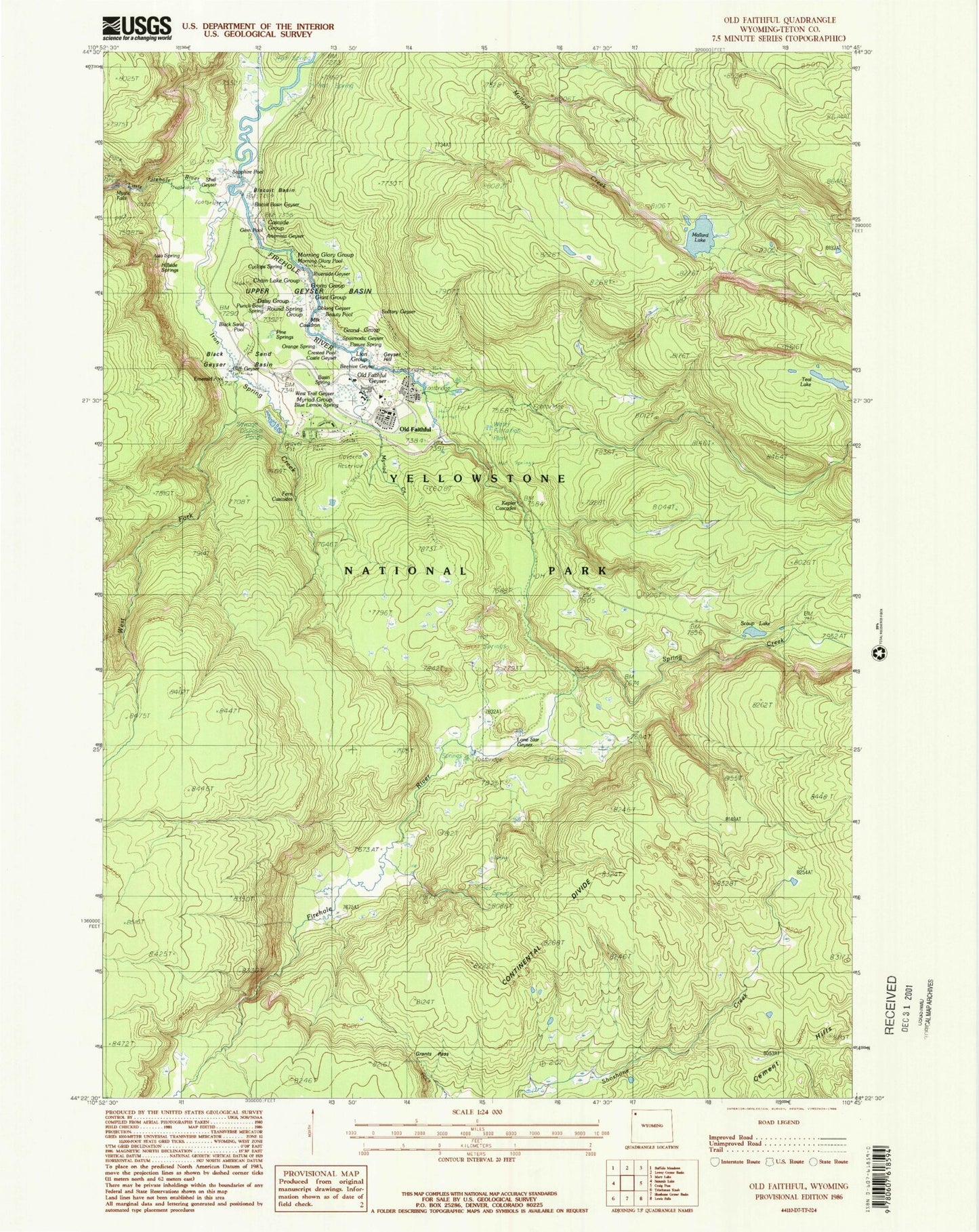 Classic USGS Old Faithful Wyoming 7.5'x7.5' Topo Map Image