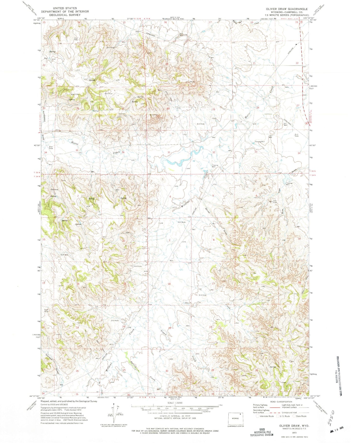 Classic USGS Oliver Draw Wyoming 7.5'x7.5' Topo Map Image
