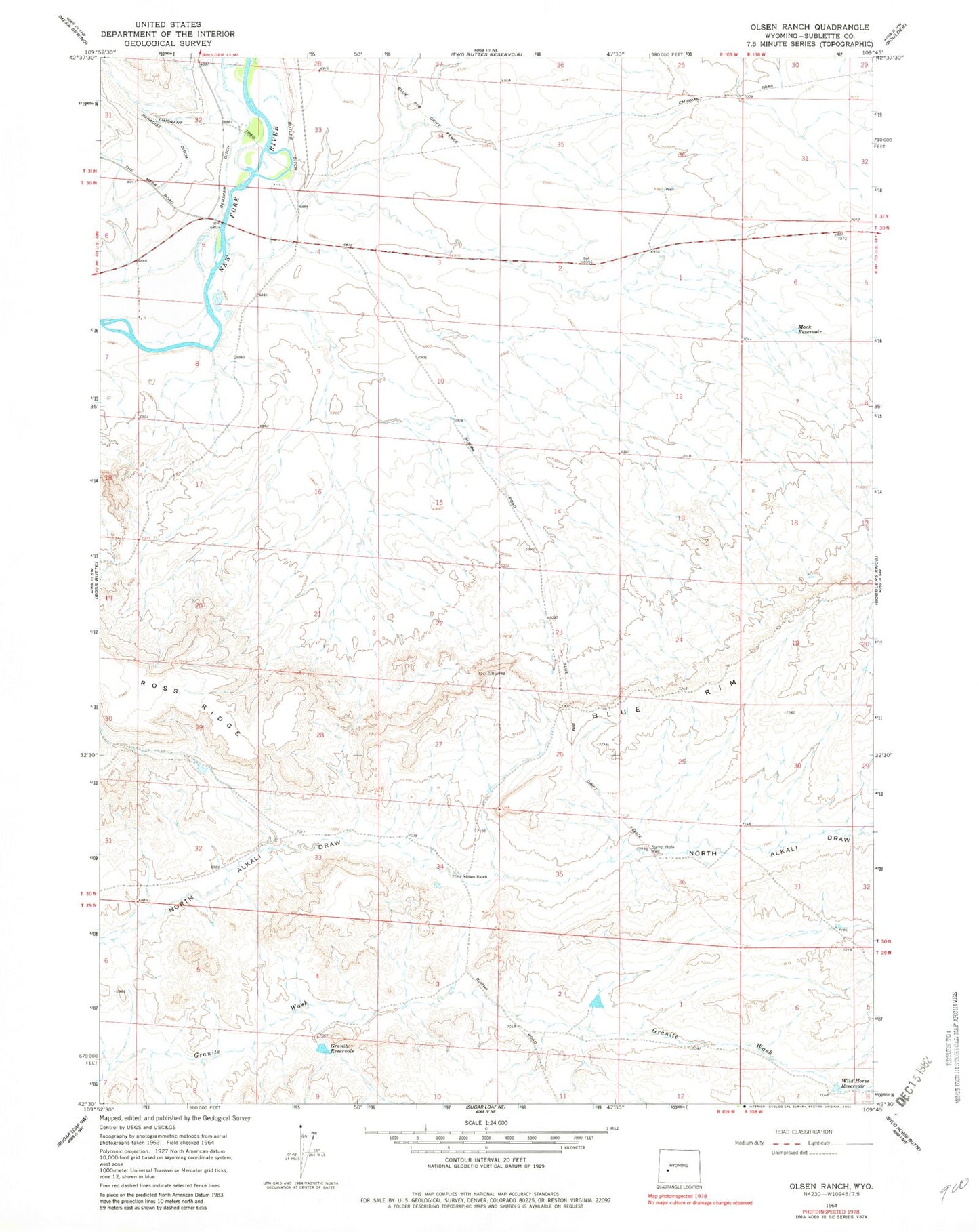 Classic USGS Olsen Ranch Wyoming 7.5'x7.5' Topo Map Image