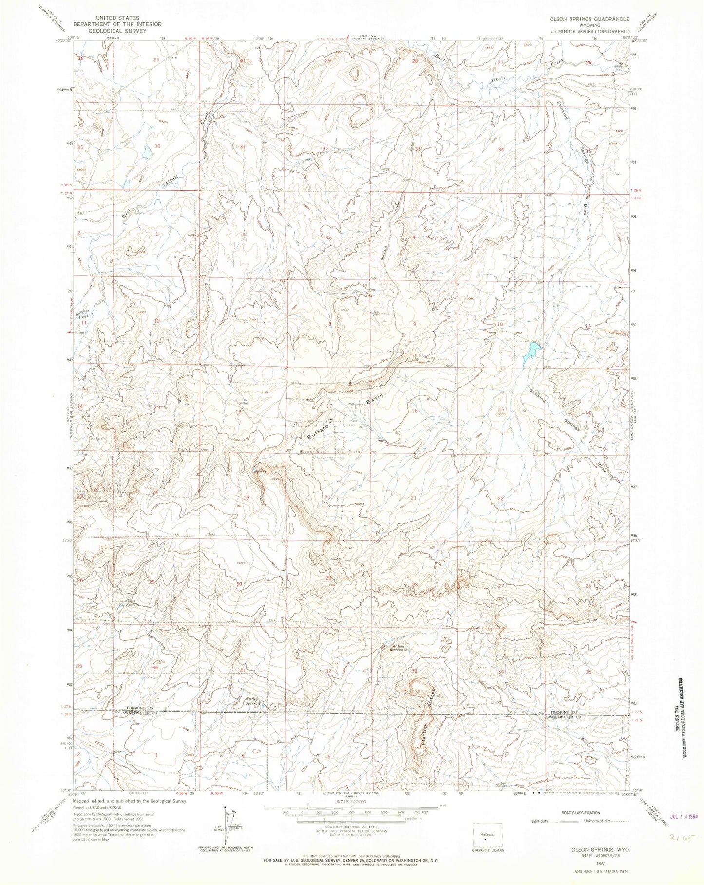 Classic USGS Olson Springs Wyoming 7.5'x7.5' Topo Map Image