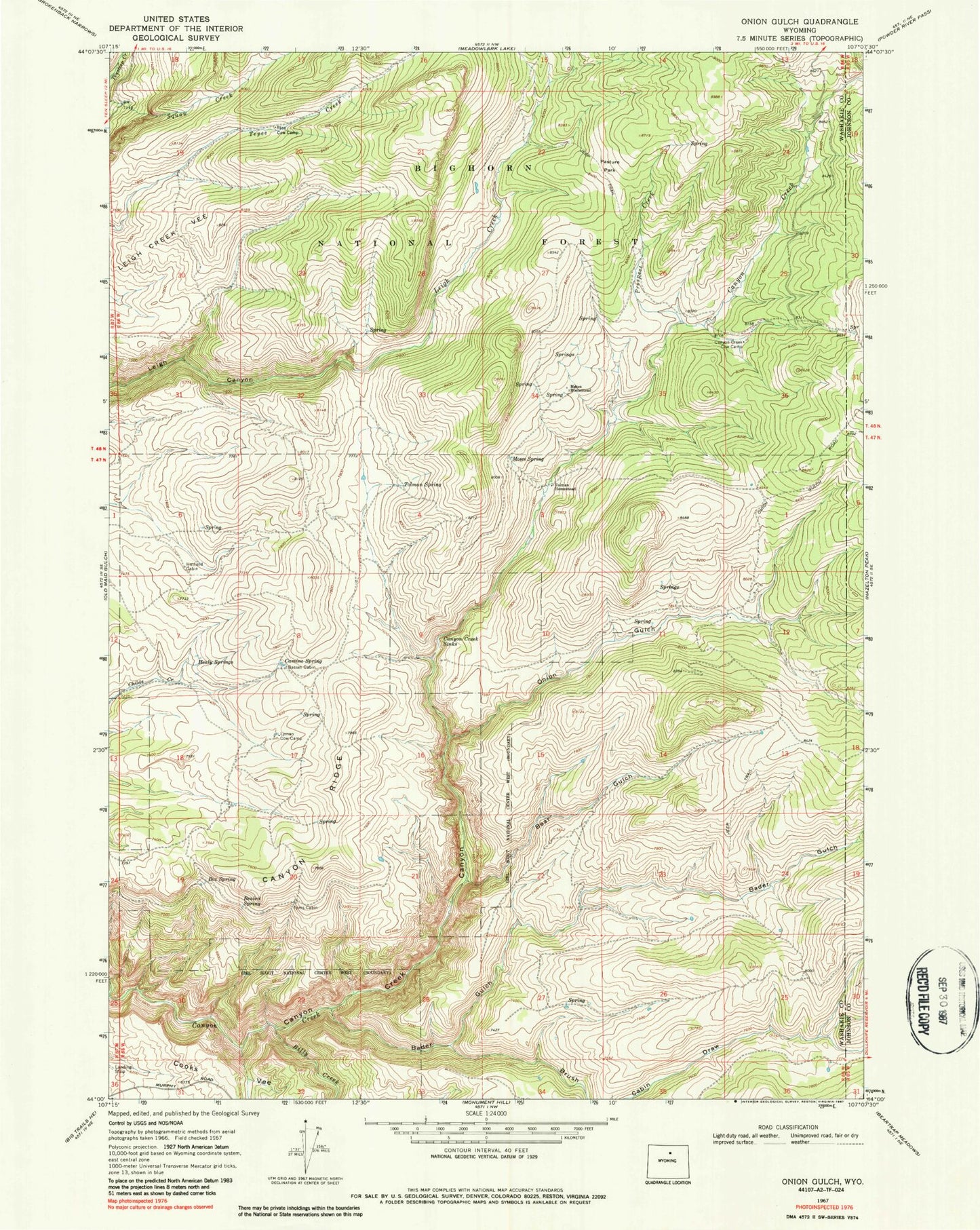 Classic USGS Onion Gulch Wyoming 7.5'x7.5' Topo Map Image