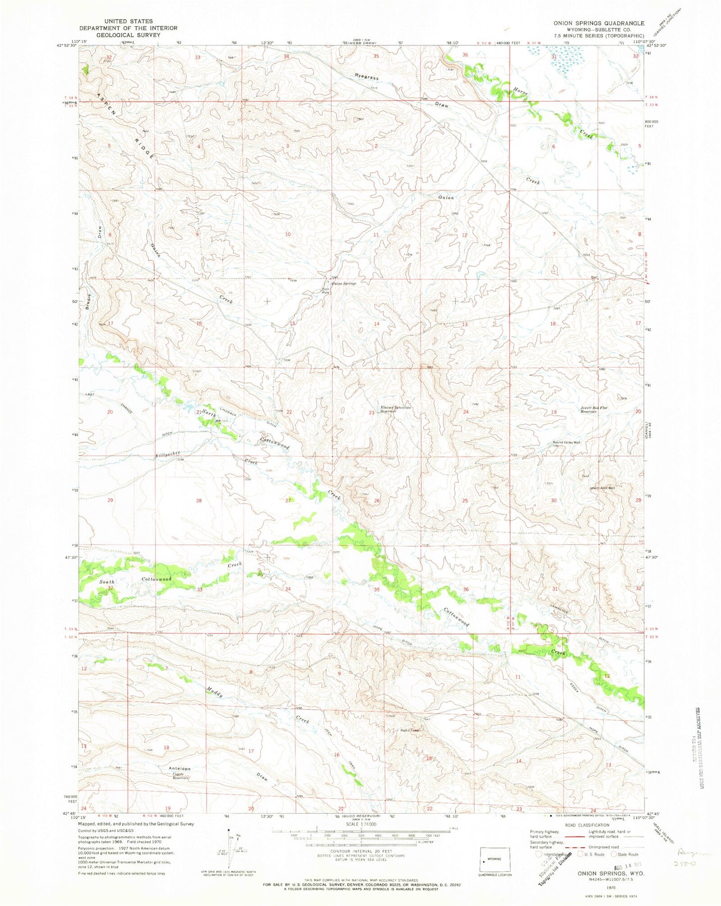 Classic USGS Onion Springs Wyoming 7.5'x7.5' Topo Map Image