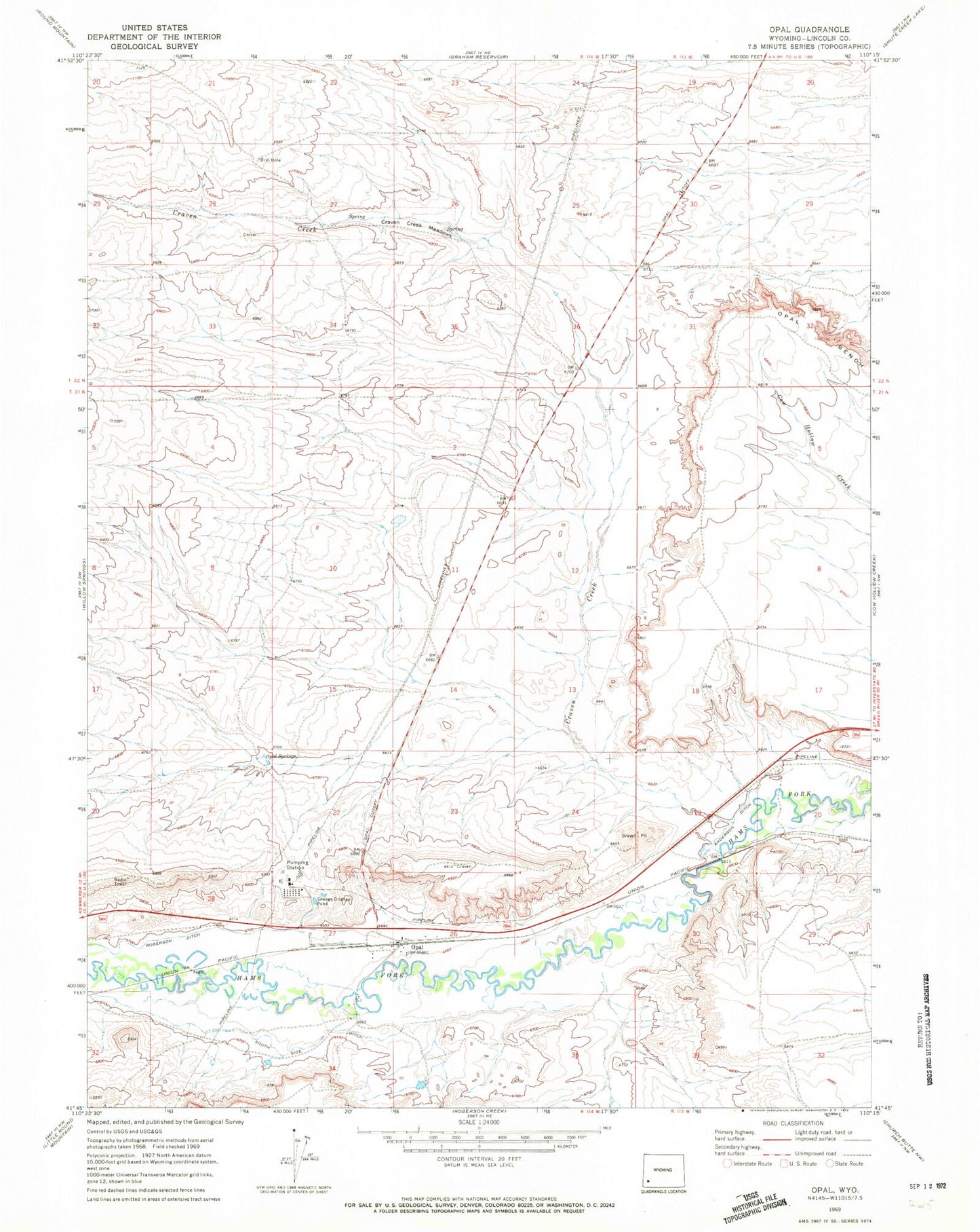 Classic USGS Opal Wyoming 7.5'x7.5' Topo Map Image