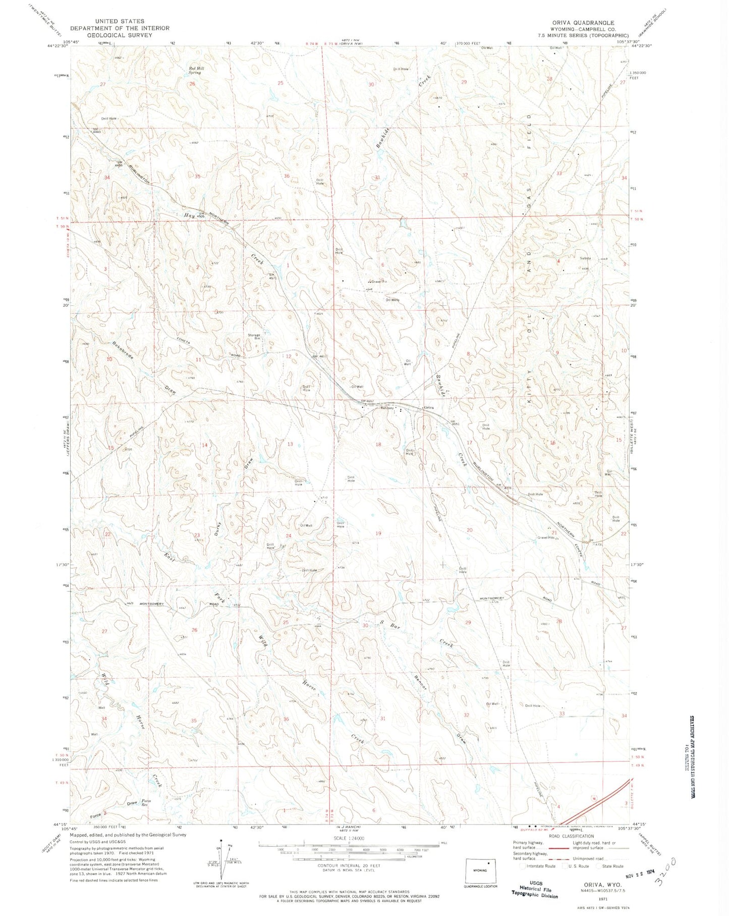 Classic USGS Oriva Wyoming 7.5'x7.5' Topo Map Image