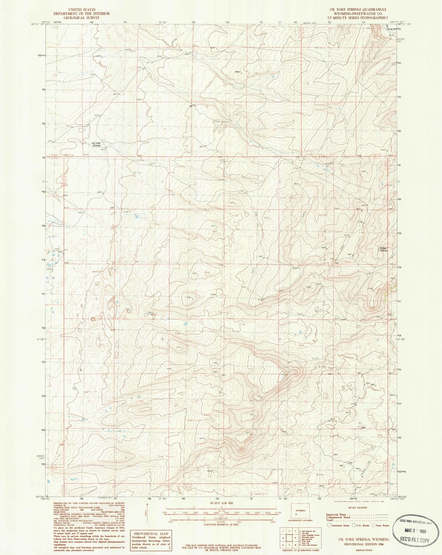 Classic USGS Ox Yoke Springs Wyoming 7.5'x7.5' Topo Map Image