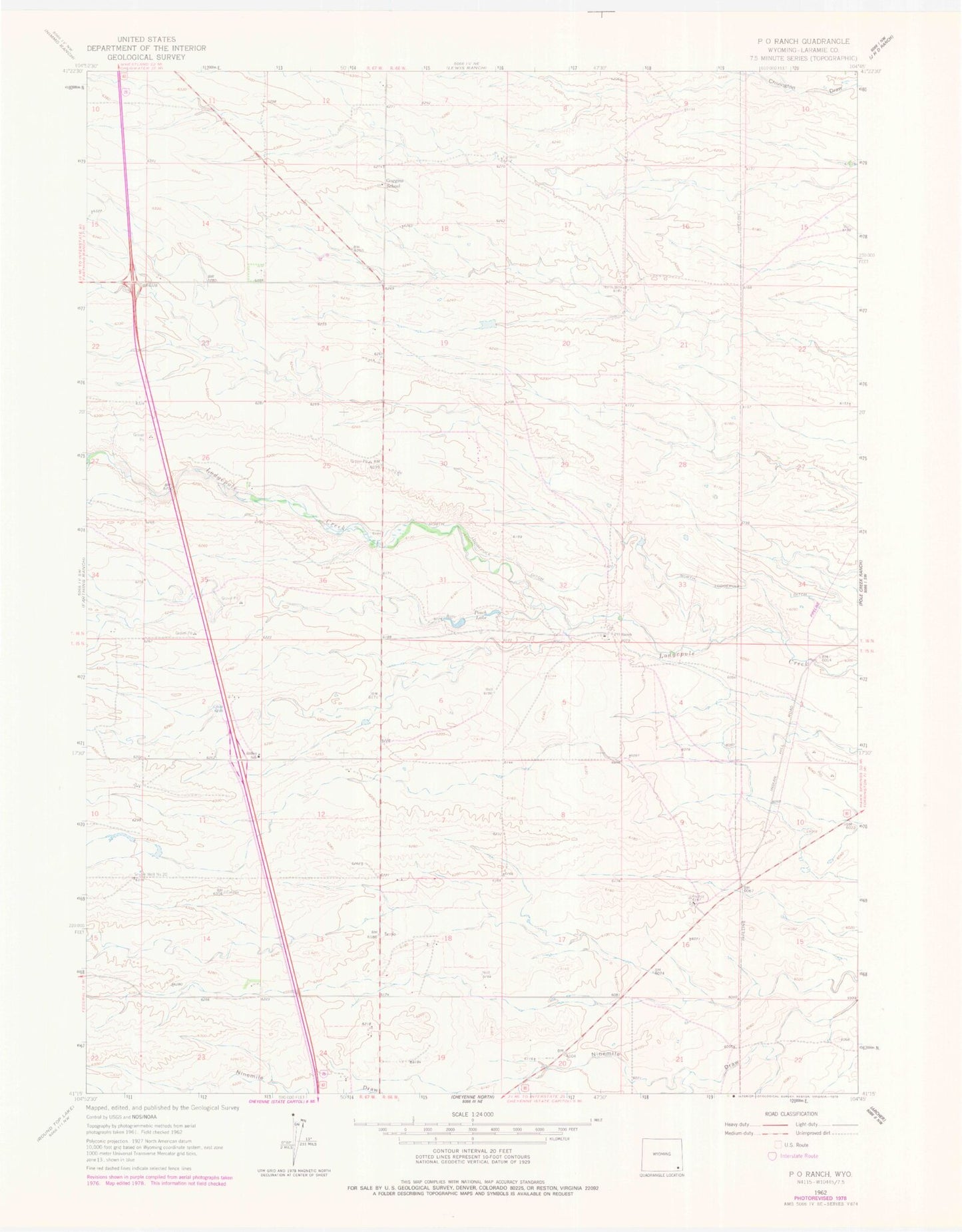 Classic USGS P O Ranch Wyoming 7.5'x7.5' Topo Map Image