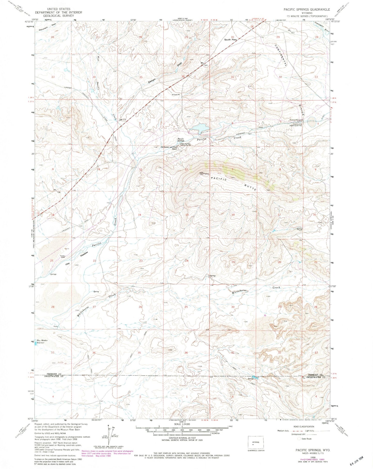 Classic USGS Pacific Springs Wyoming 7.5'x7.5' Topo Map Image