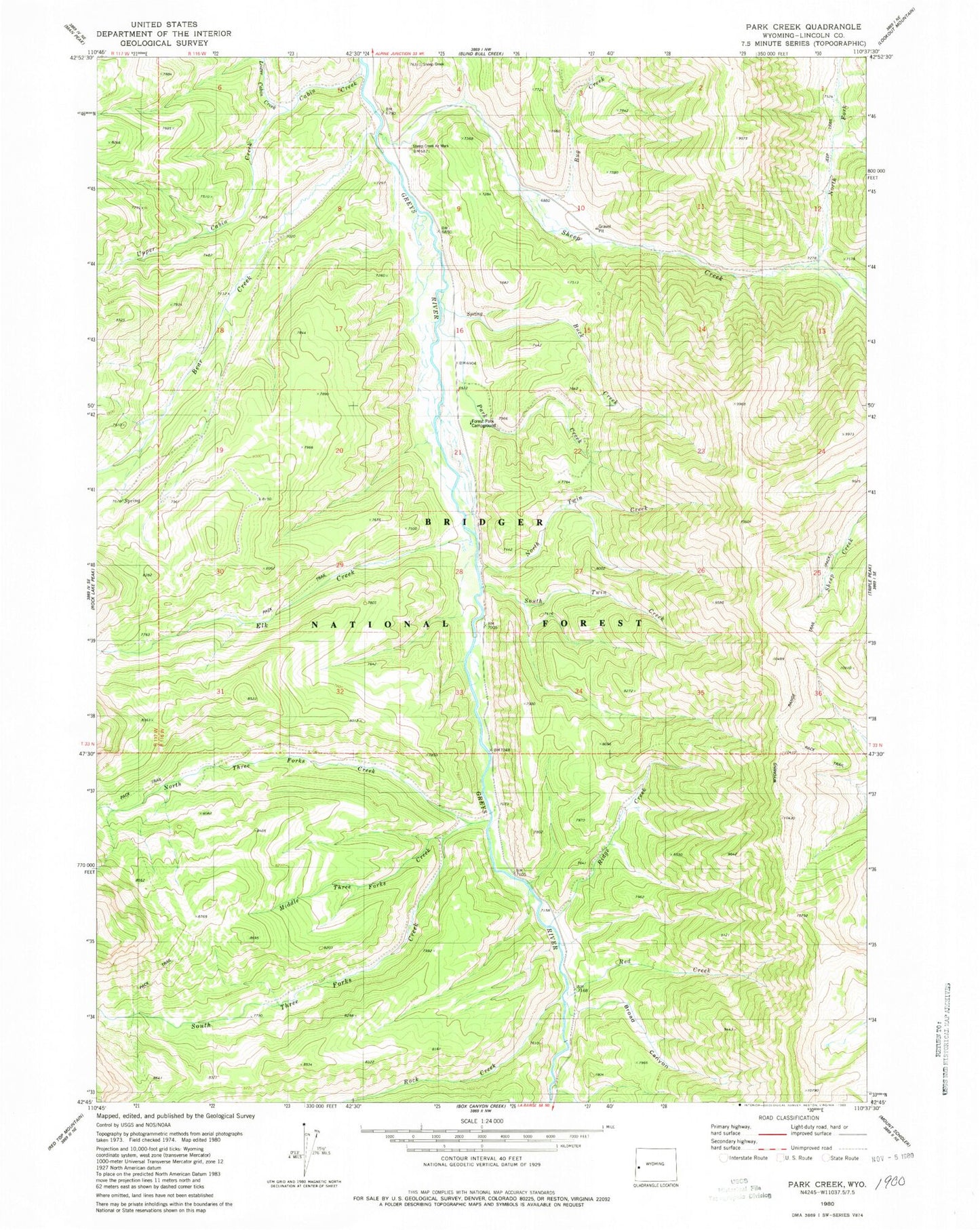 Classic USGS Park Creek Wyoming 7.5'x7.5' Topo Map Image