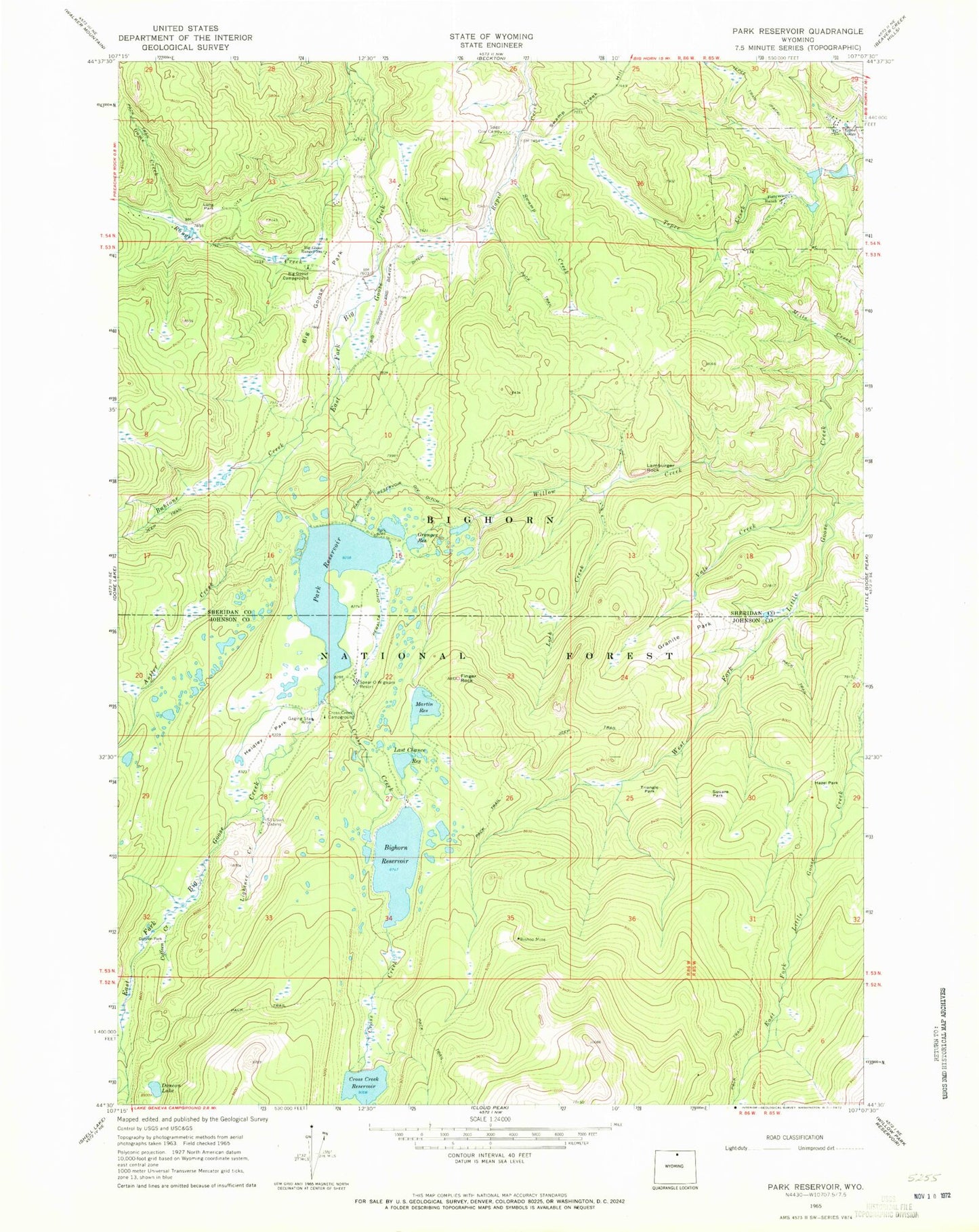 Classic USGS Park Reservoir Wyoming 7.5'x7.5' Topo Map Image