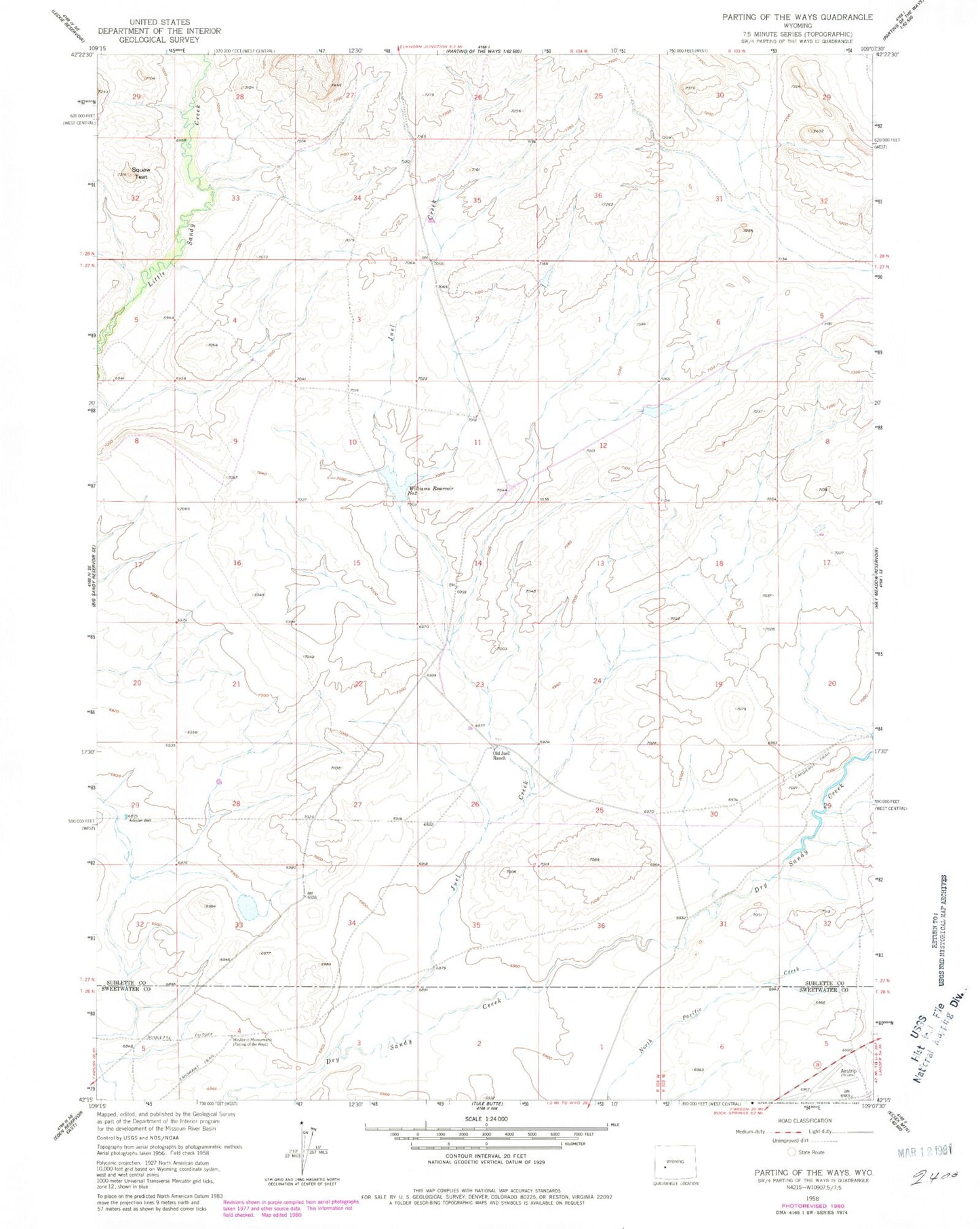 Classic USGS Parting of the Ways Wyoming 7.5'x7.5' Topo Map Image