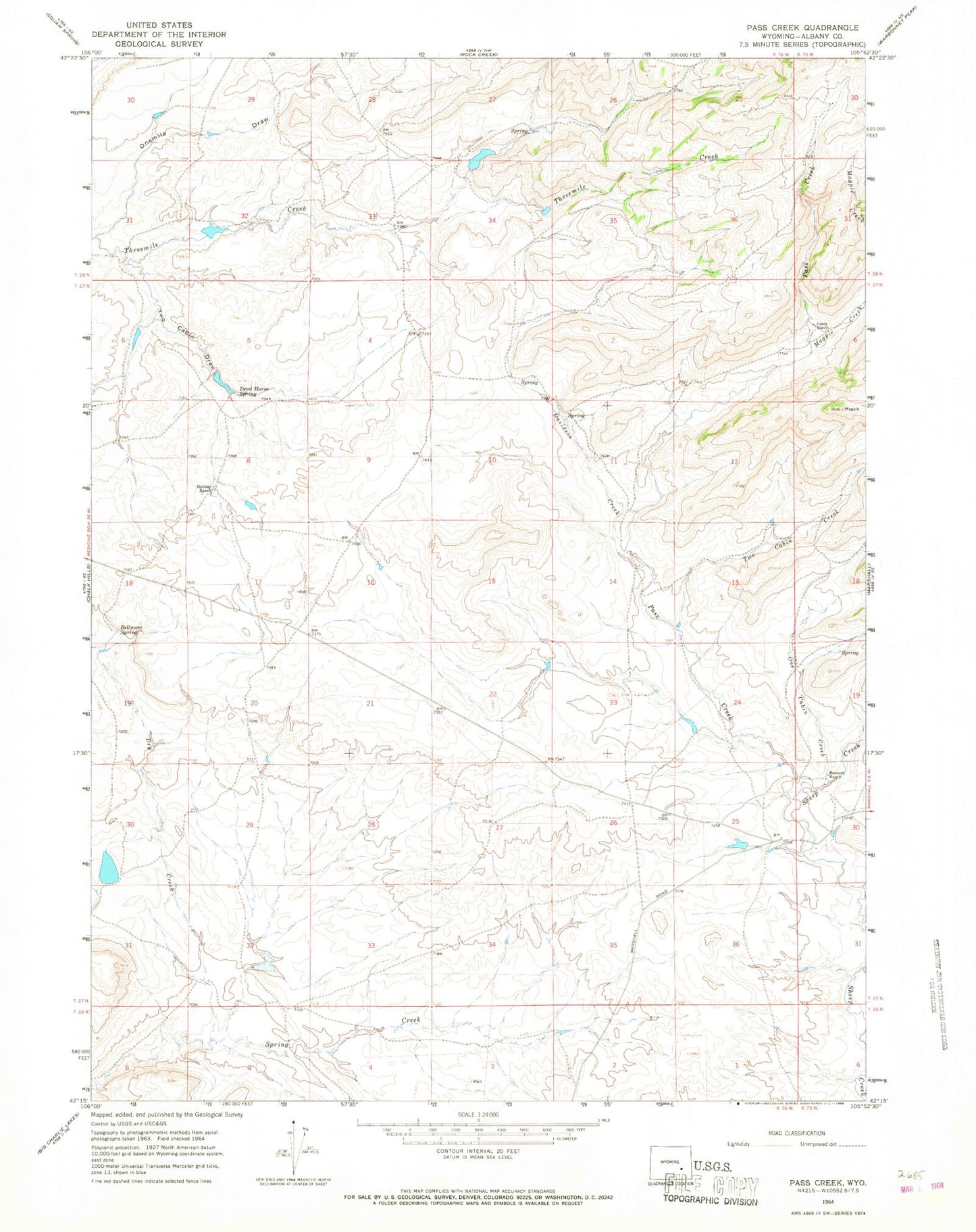 Classic USGS Pass Creek Wyoming 7.5'x7.5' Topo Map Image